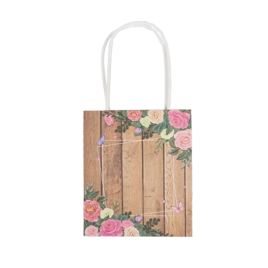 WOOD 12 Pack Natural Wood Print Paper Party Favor Bags with Rose Floral Accent, Small Gift Goodie Bags With Handles - 4"x5"