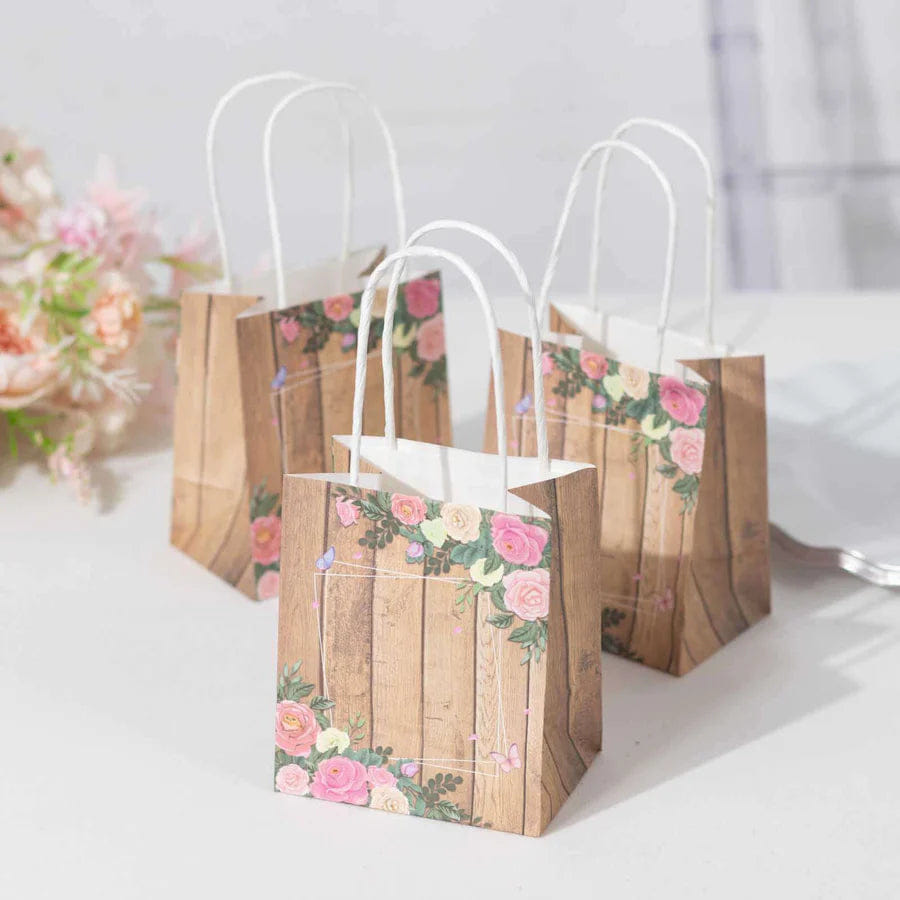 WOOD 12 Pack Natural Wood Print Paper Party Favor Bags with Rose Floral Accent, Small Gift Goodie Bags With Handles - 4"x5"