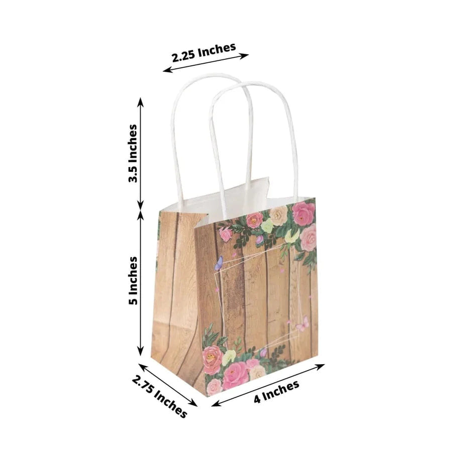 WOOD 12 Pack Natural Wood Print Paper Party Favor Bags with Rose Floral Accent, Small Gift Goodie Bags With Handles - 4"x5"