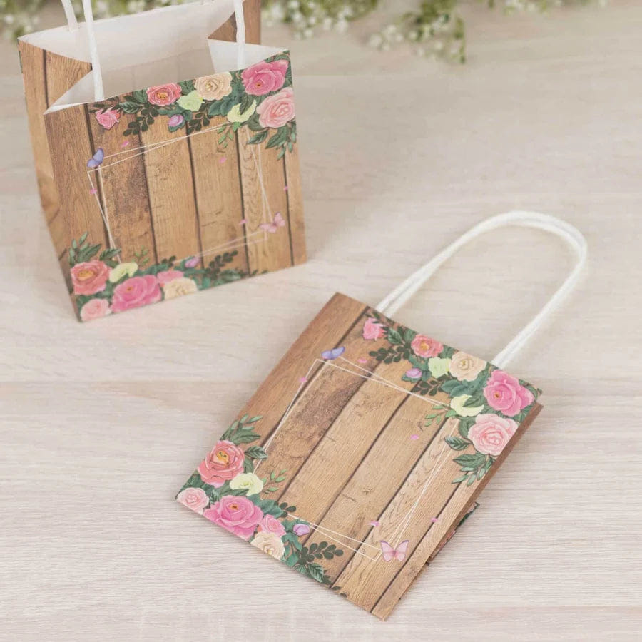 WOOD 12 Pack Natural Wood Print Paper Party Favor Bags with Rose Floral Accent, Small Gift Goodie Bags With Handles - 4"x5"