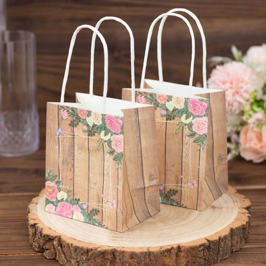 WOOD 12 Pack Natural Wood Print Paper Party Favor Bags with Rose Floral Accent, Small Gift Goodie Bags With Handles - 4"x5"