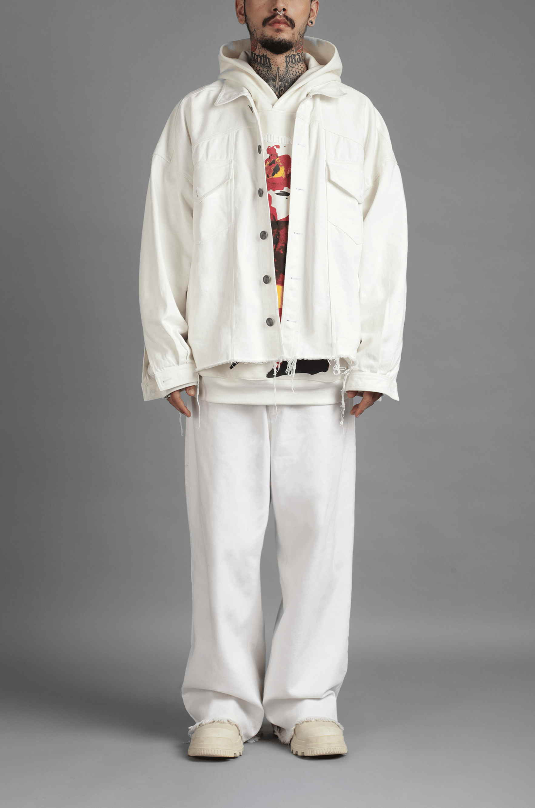 Classic SuperHUEMN Classic Distressed Denim Jacket (White)