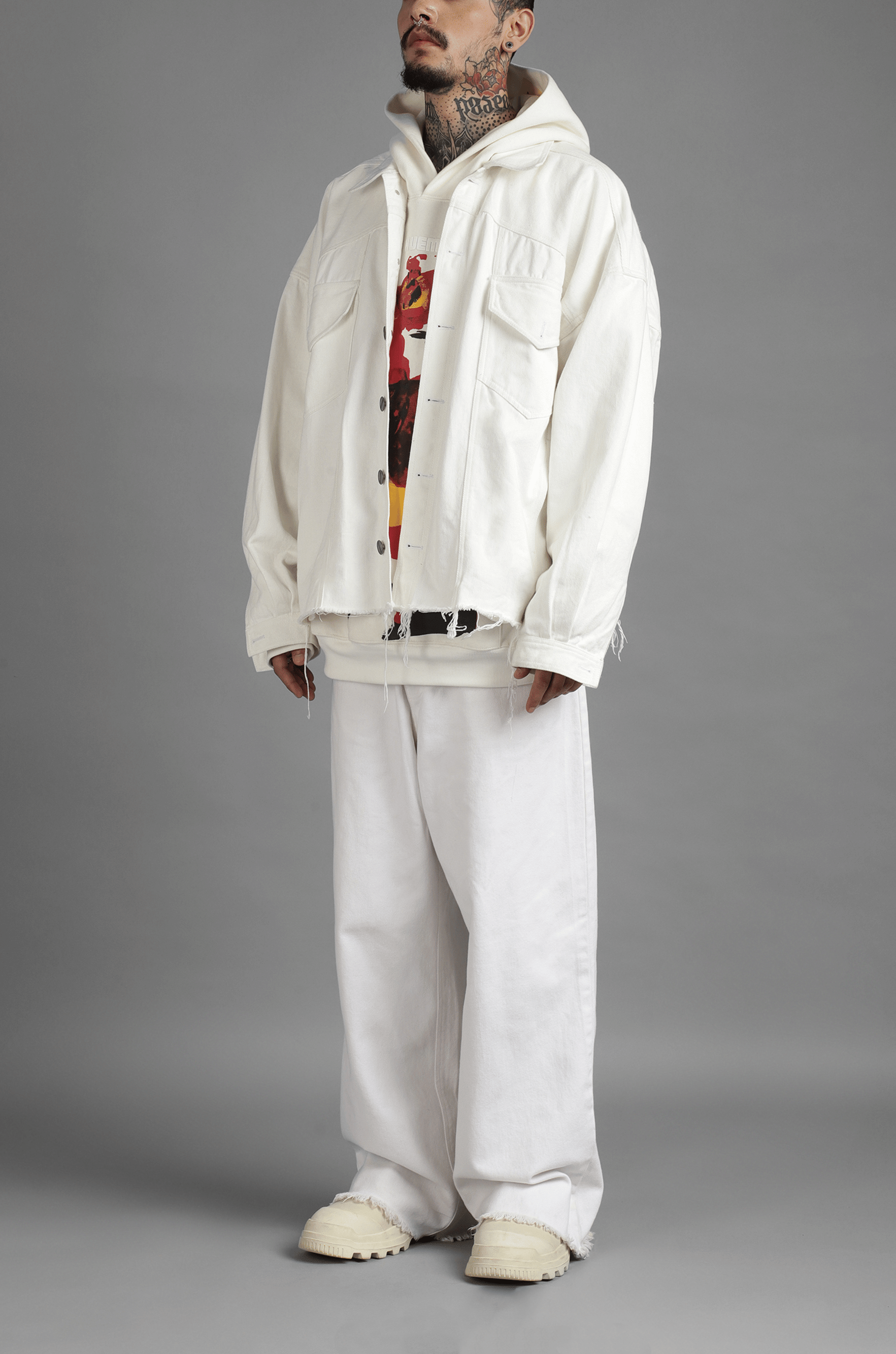 Classic SuperHUEMN Classic Distressed Denim Jacket (White)
