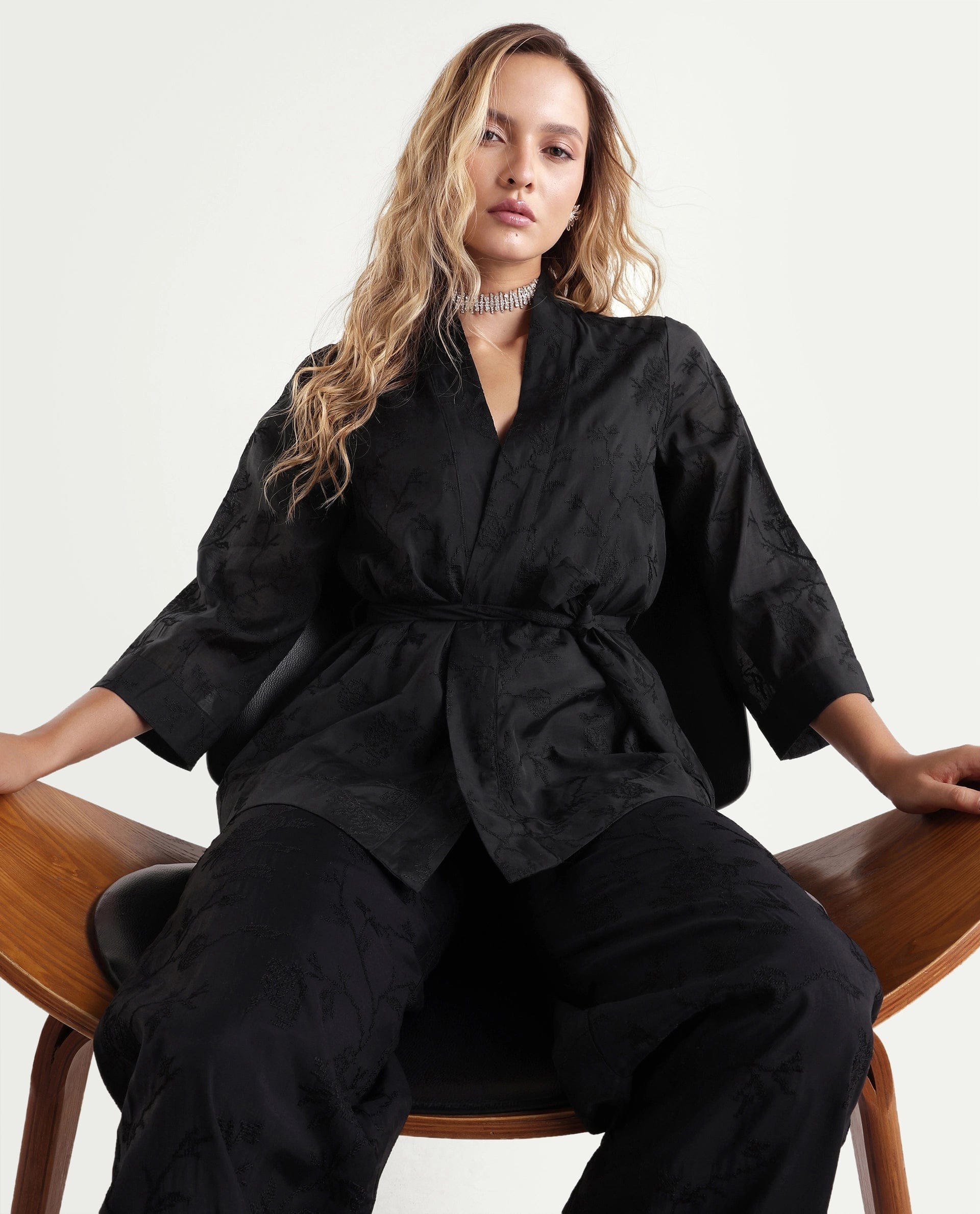 Rareism Women's Tezo - T Black Jacquard Viscose Wrap Three Quarter Sleeve Shrug
