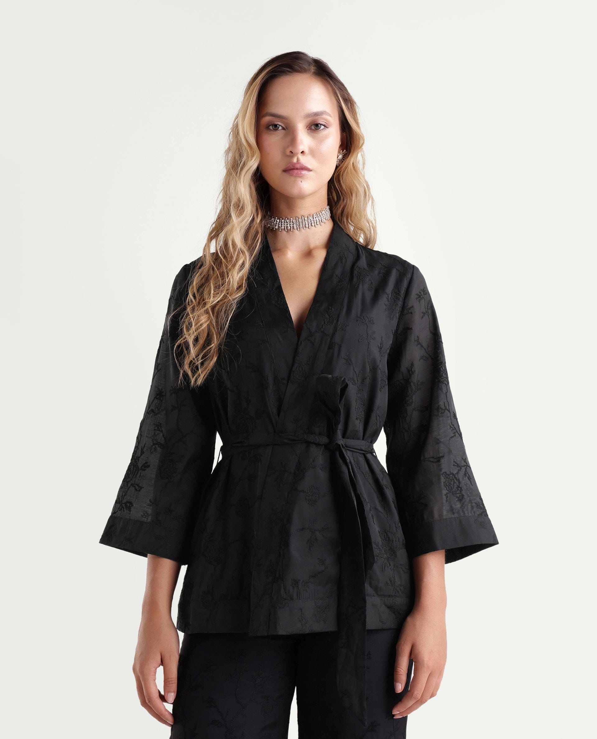 Rareism Women's Tezo - T Black Jacquard Viscose Wrap Three Quarter Sleeve Shrug