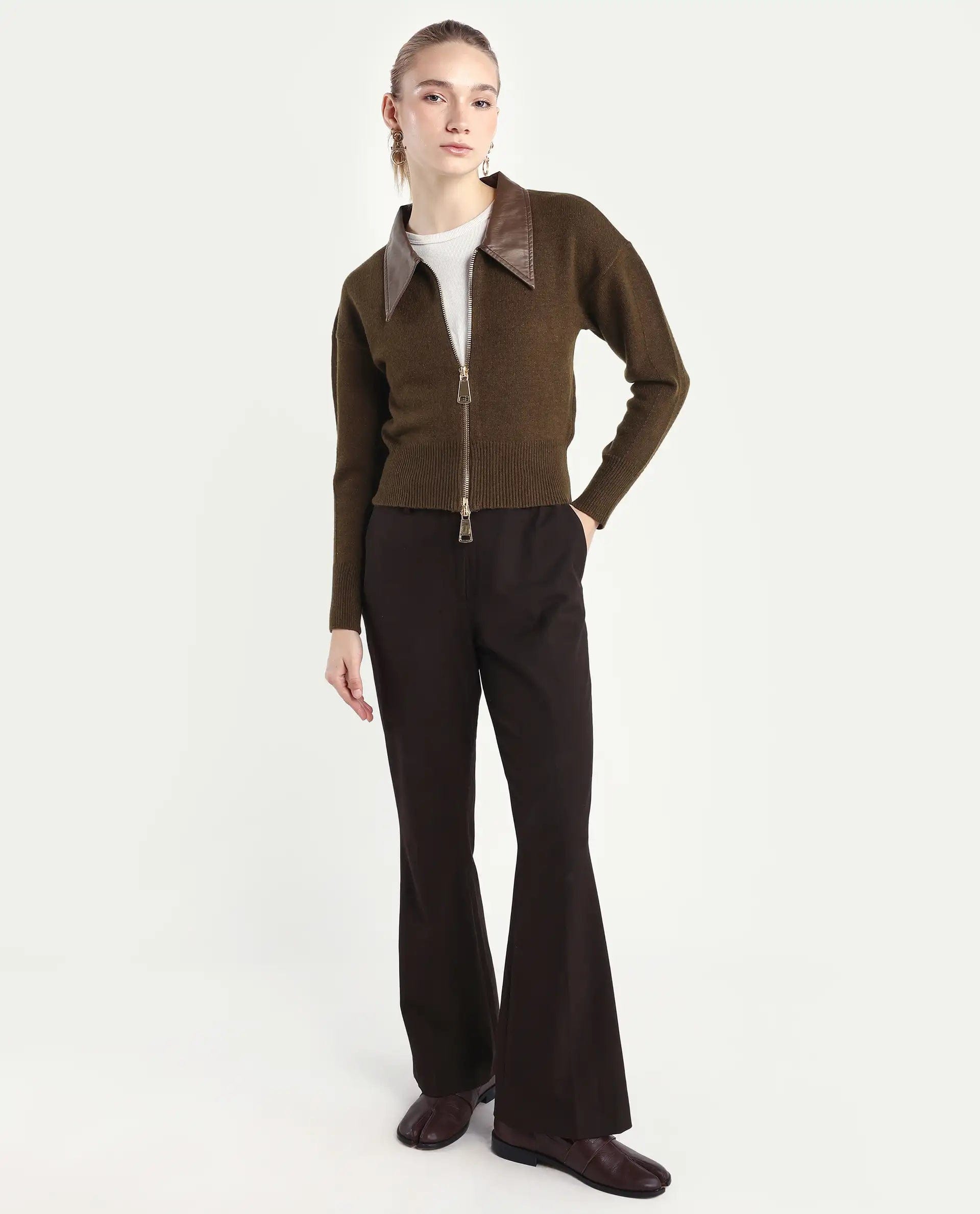 Rareism Women's Serpen Brown Drop Collar Plain Relaxed Fit Jacket