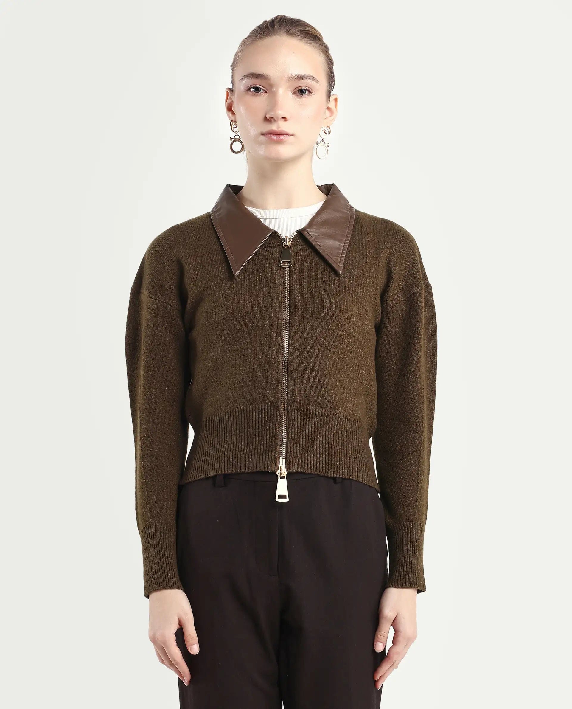 Rareism Women's Serpen Brown Drop Collar Plain Relaxed Fit Jacket