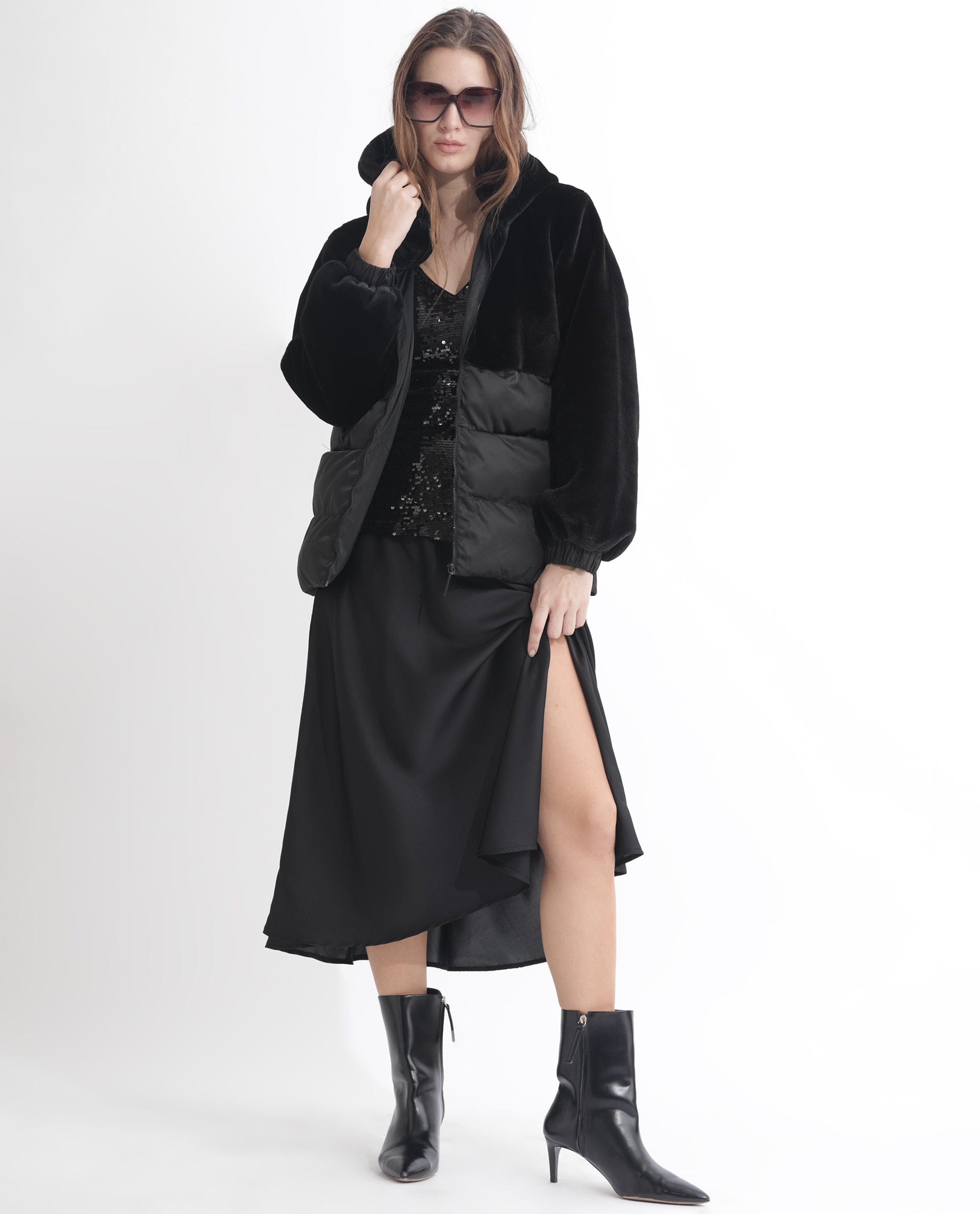 Rareism Women's Stelar Black Polyester Hooded Plain Regular Fit Jacket