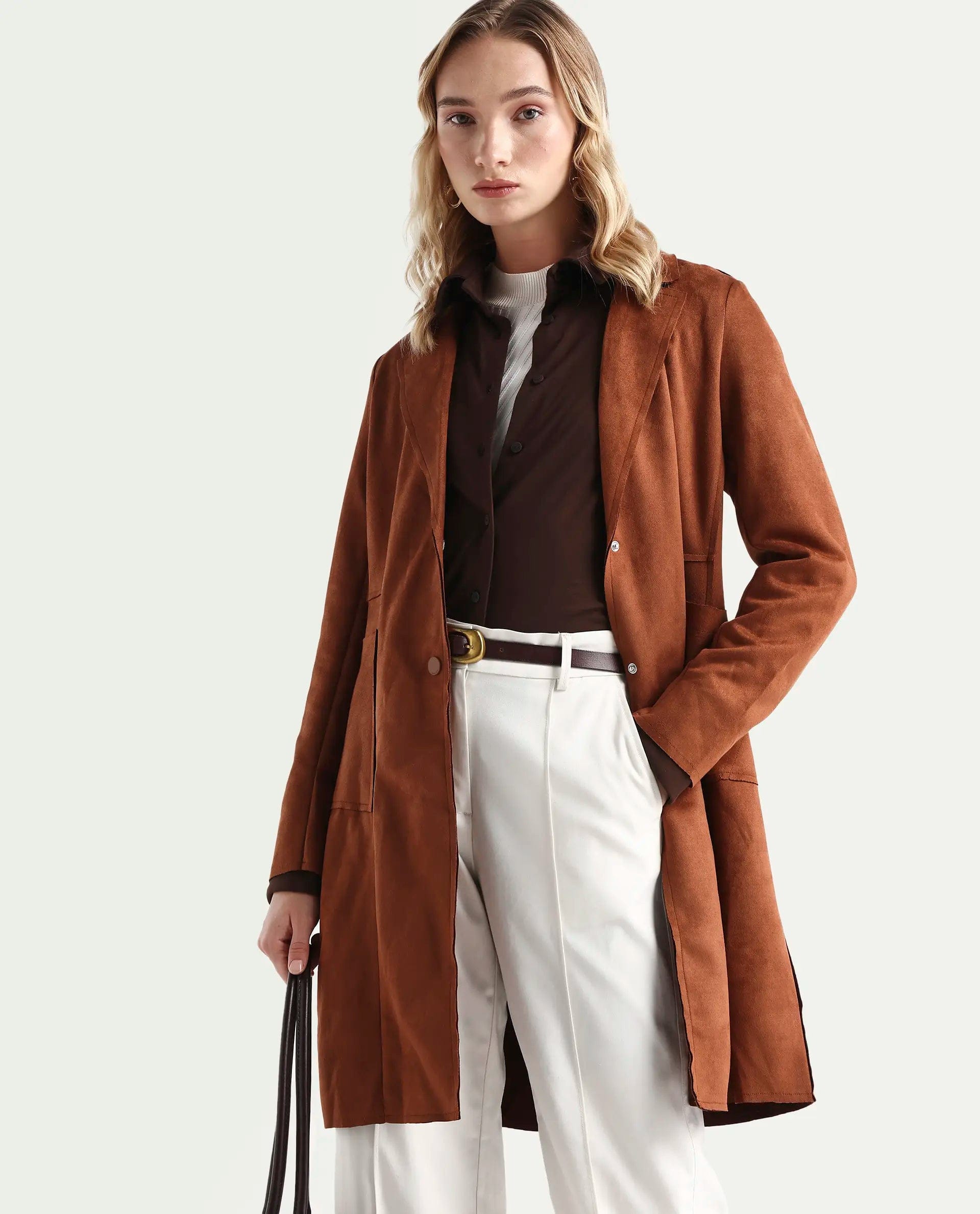 Rareism Women's Gawler Tan Polyester Blend Lapel Neck Plain Regular Fit Jacket
