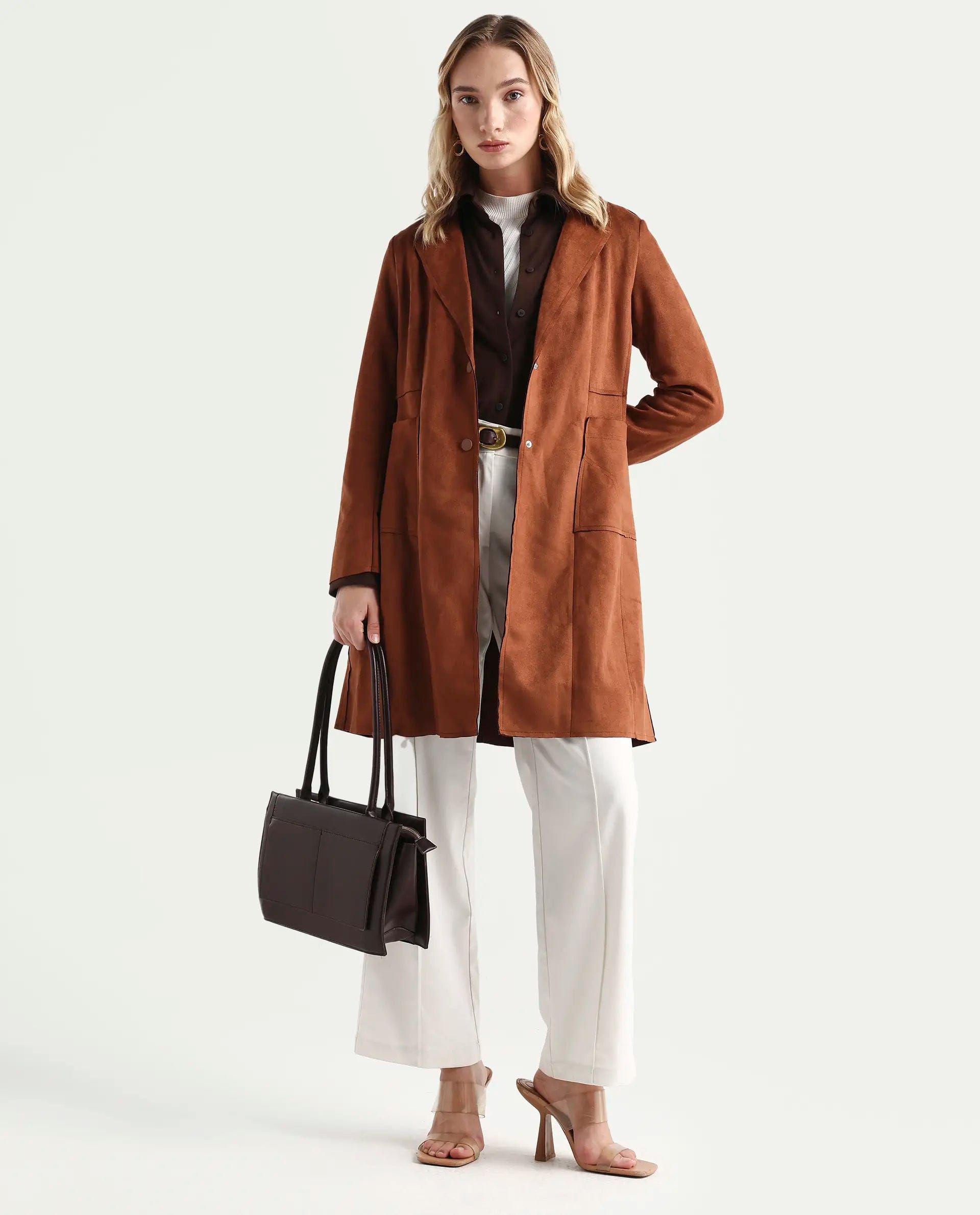 Rareism Women's Gawler Tan Polyester Blend Lapel Neck Plain Regular Fit Jacket