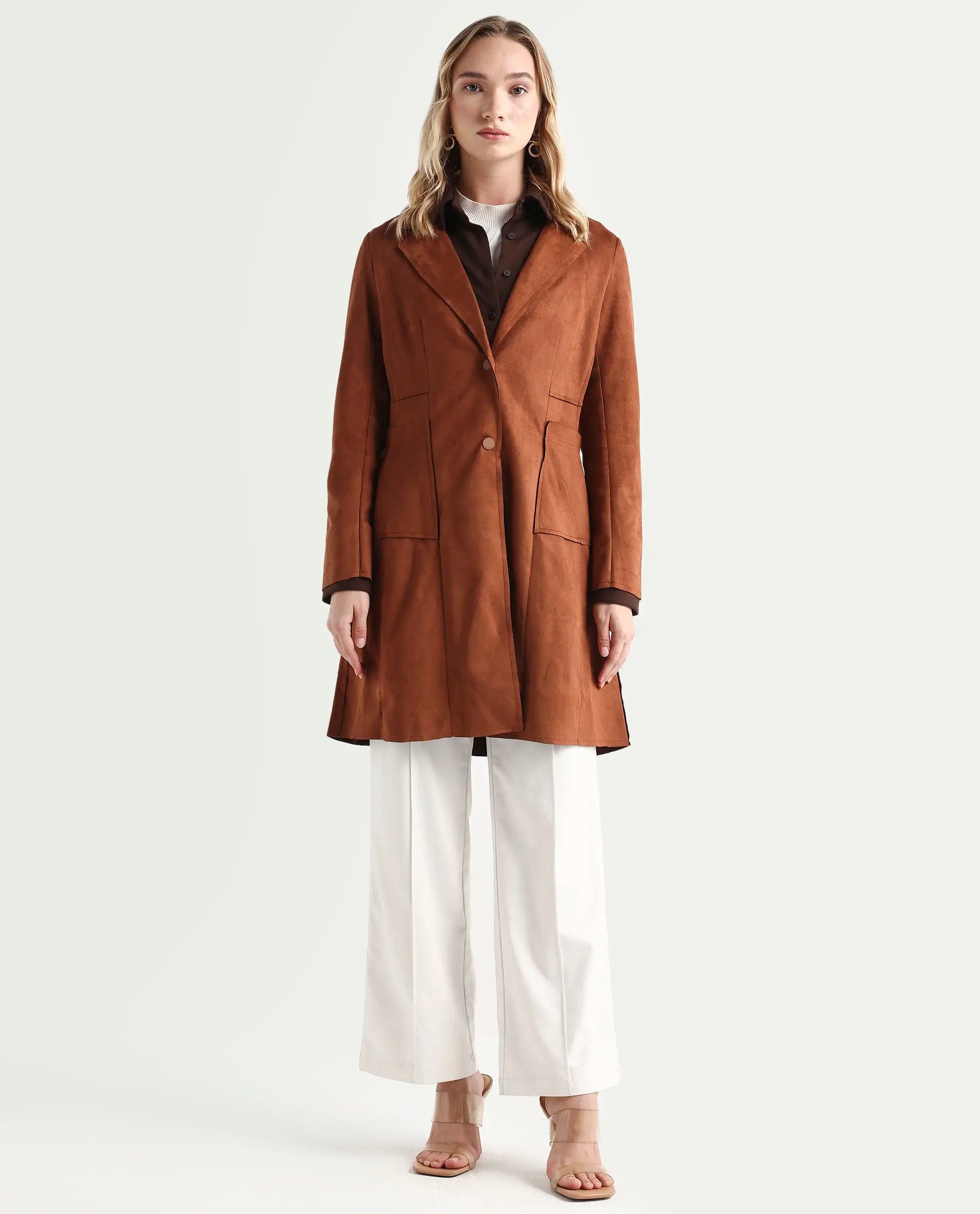 Rareism Women's Gawler Tan Polyester Blend Lapel Neck Plain Regular Fit Jacket