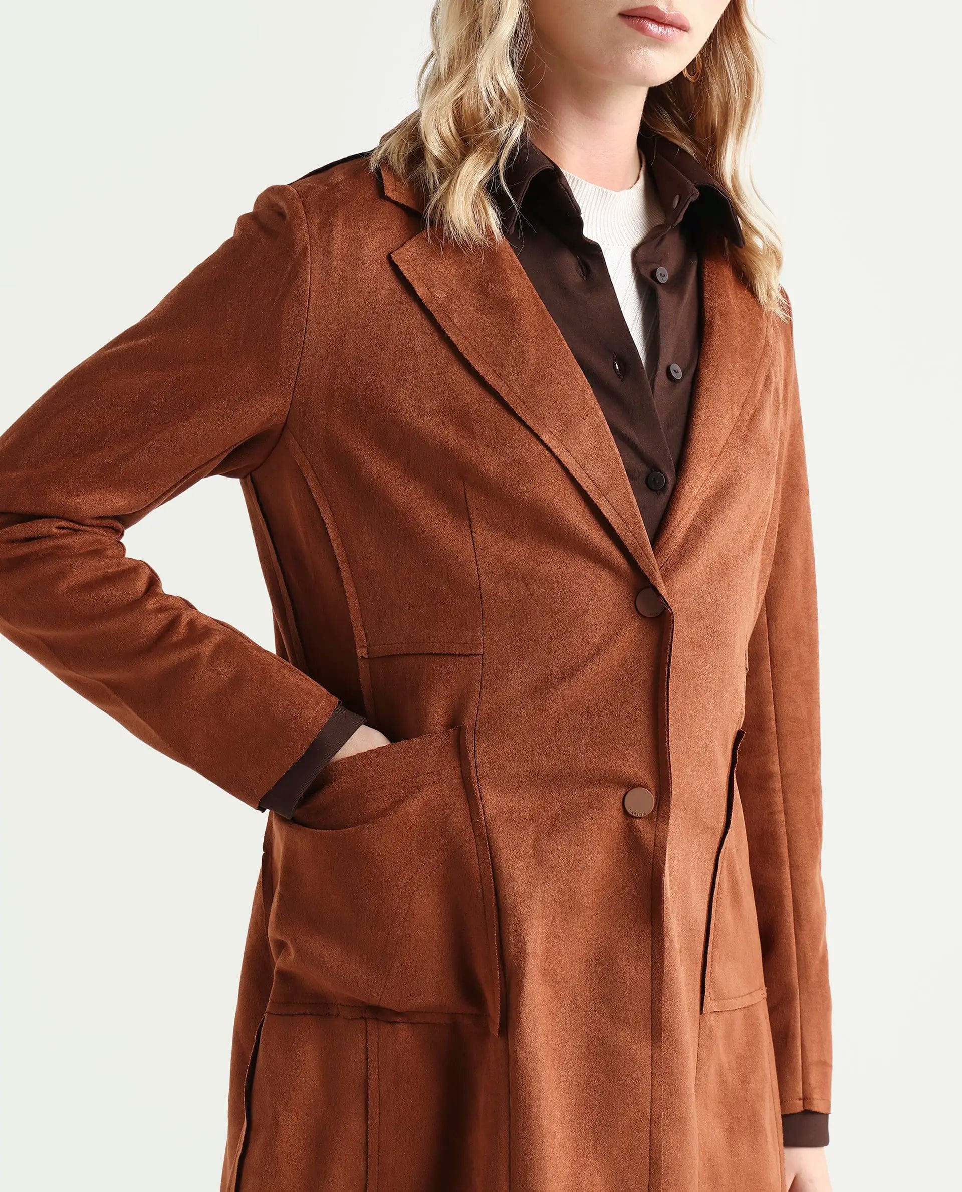 Rareism Women's Gawler Tan Polyester Blend Lapel Neck Plain Regular Fit Jacket