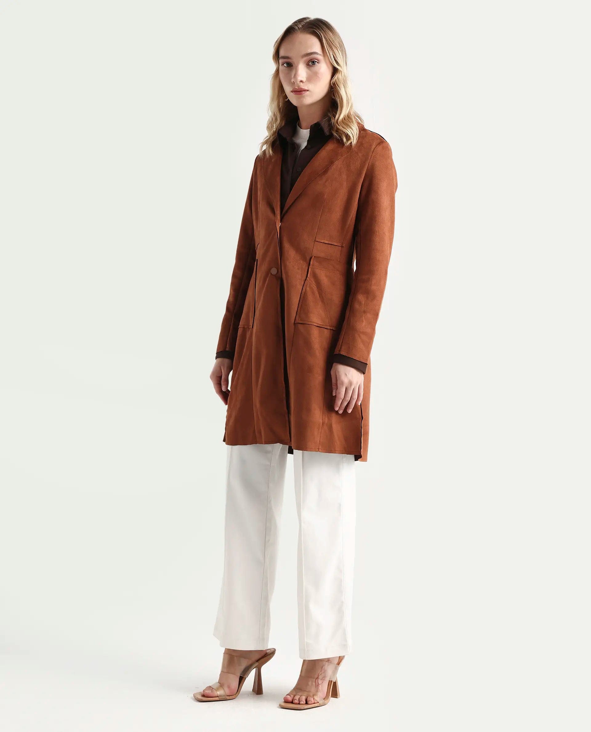 Rareism Women's Gawler Tan Polyester Blend Lapel Neck Plain Regular Fit Jacket