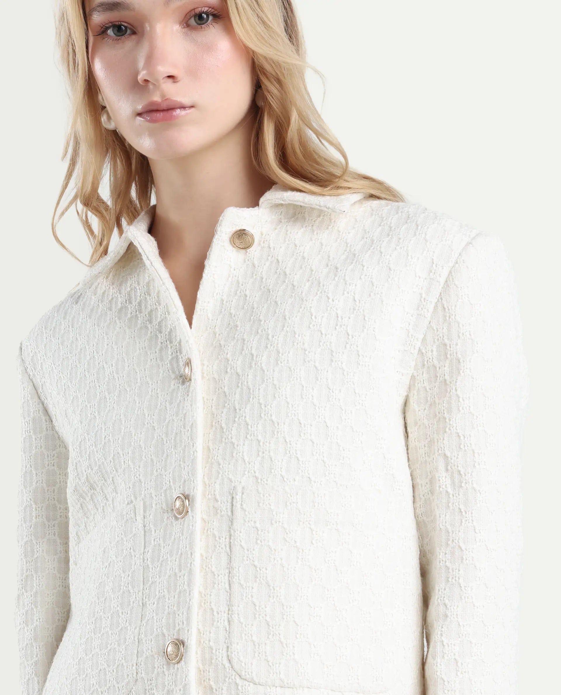 Rareism Women's Tizol - W Off White Cotton Blend Spread Collar Regular Fit Jacket