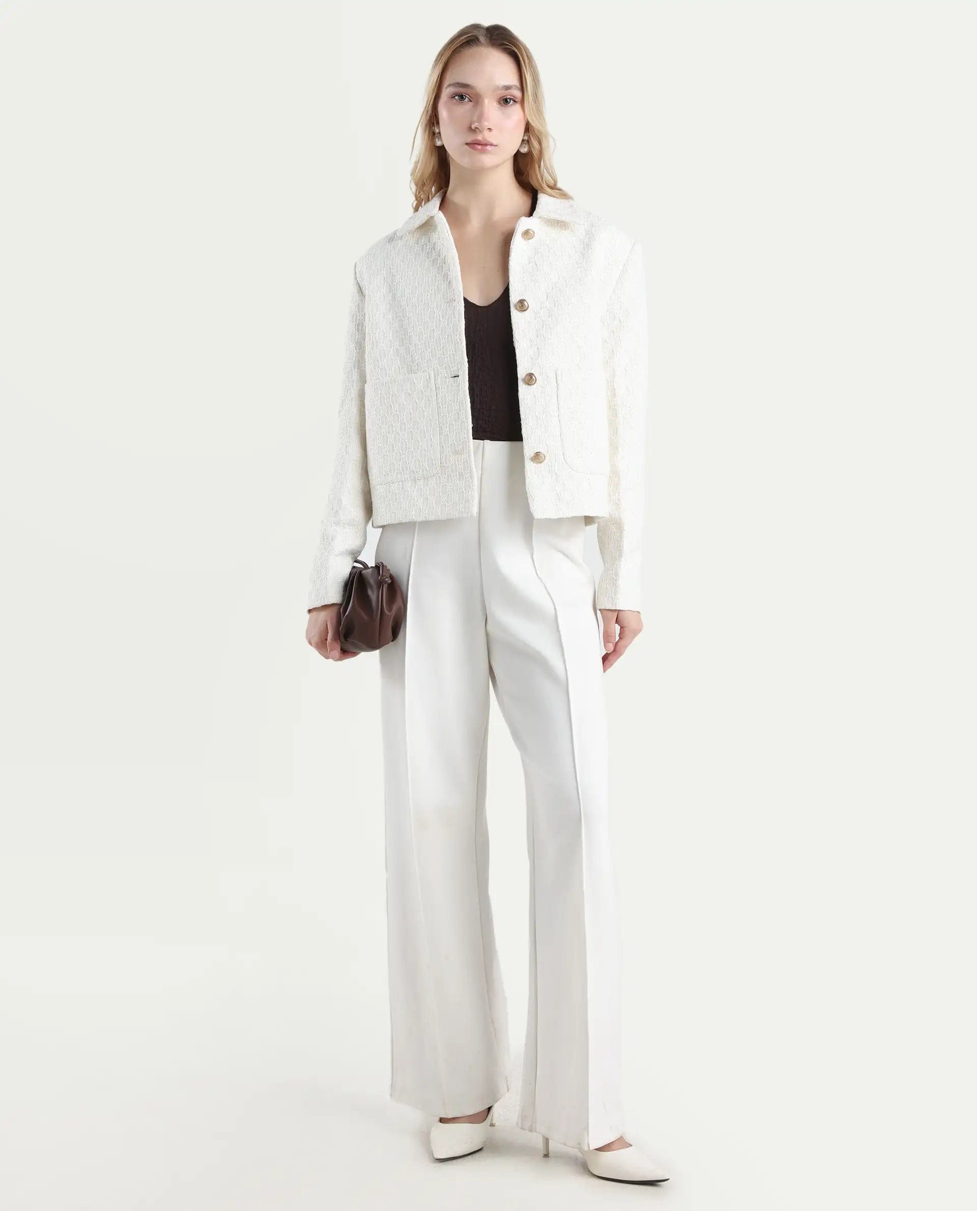 Rareism Women's Tizol - W Off White Cotton Blend Spread Collar Regular Fit Jacket