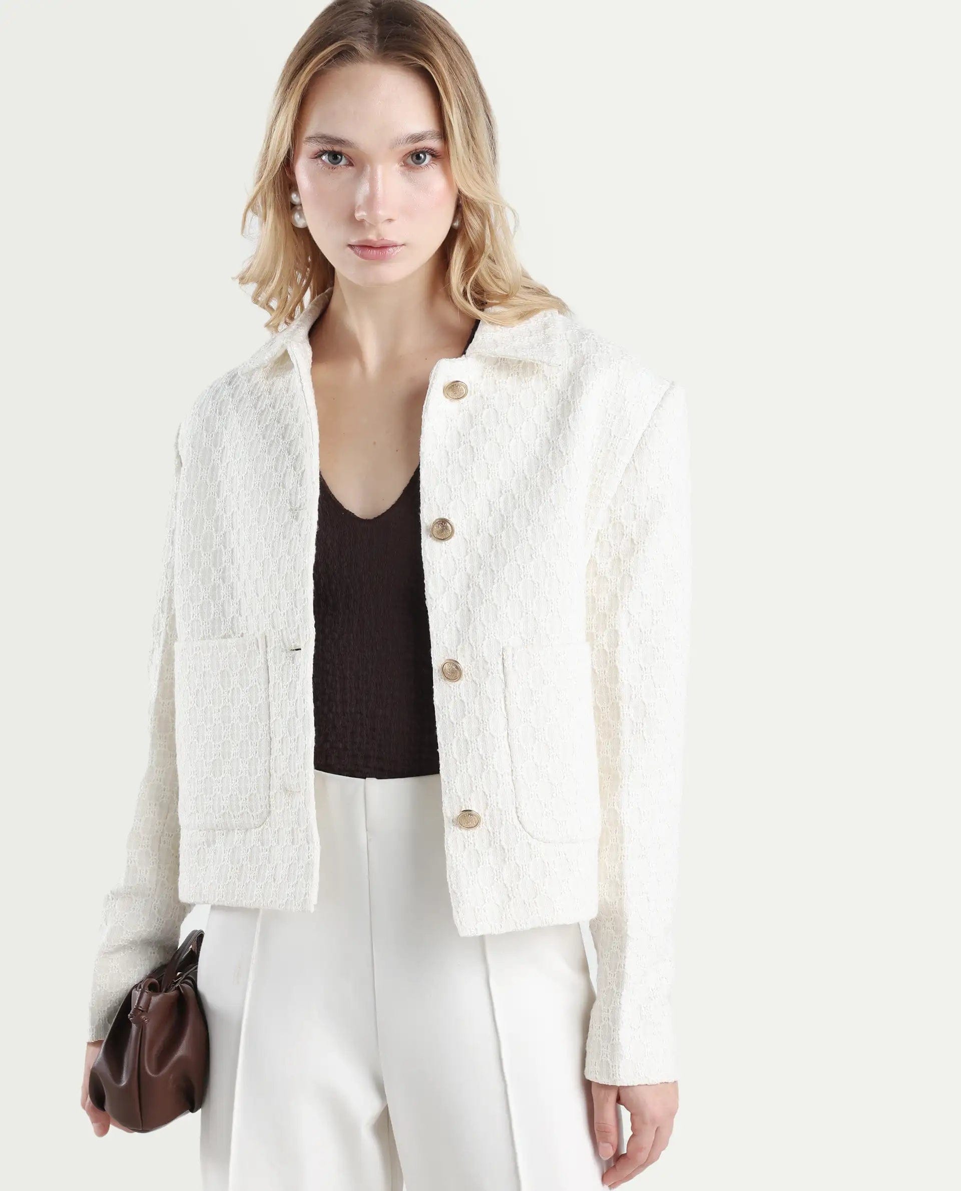 Rareism Women's Tizol - W Off White Cotton Blend Spread Collar Regular Fit Jacket