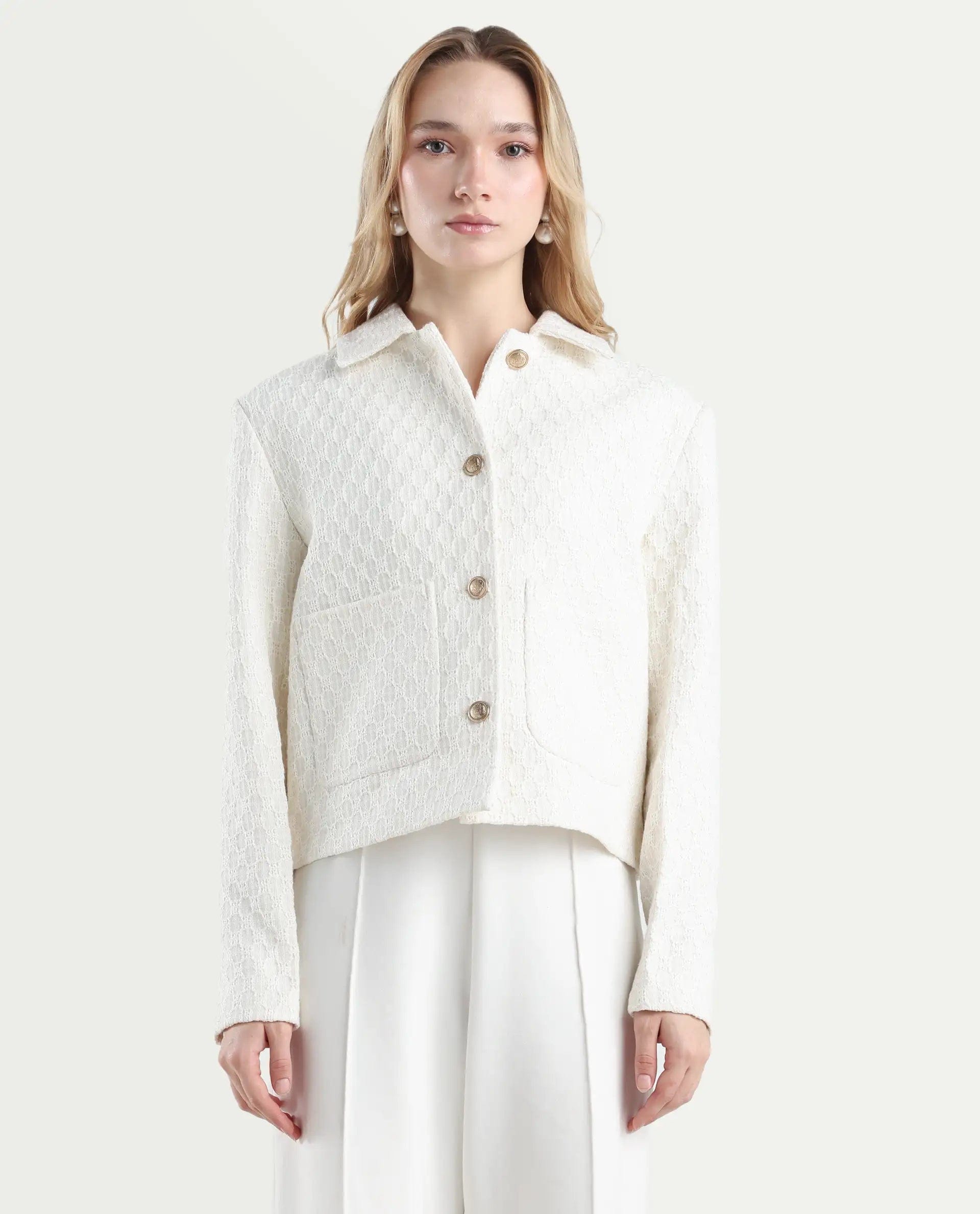 Rareism Women's Tizol - W Off White Cotton Blend Spread Collar Regular Fit Jacket