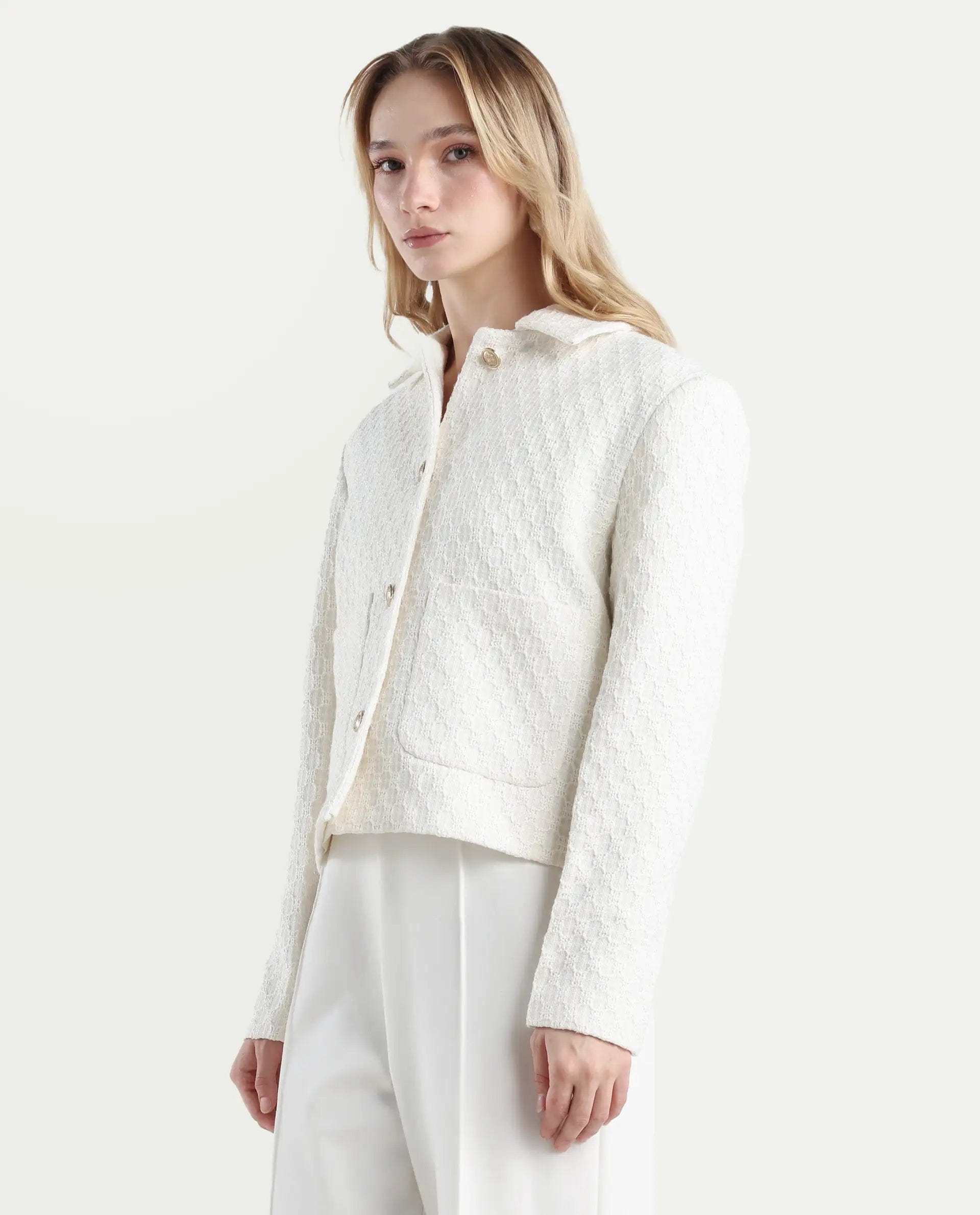 Rareism Women's Tizol - W Off White Cotton Blend Spread Collar Regular Fit Jacket