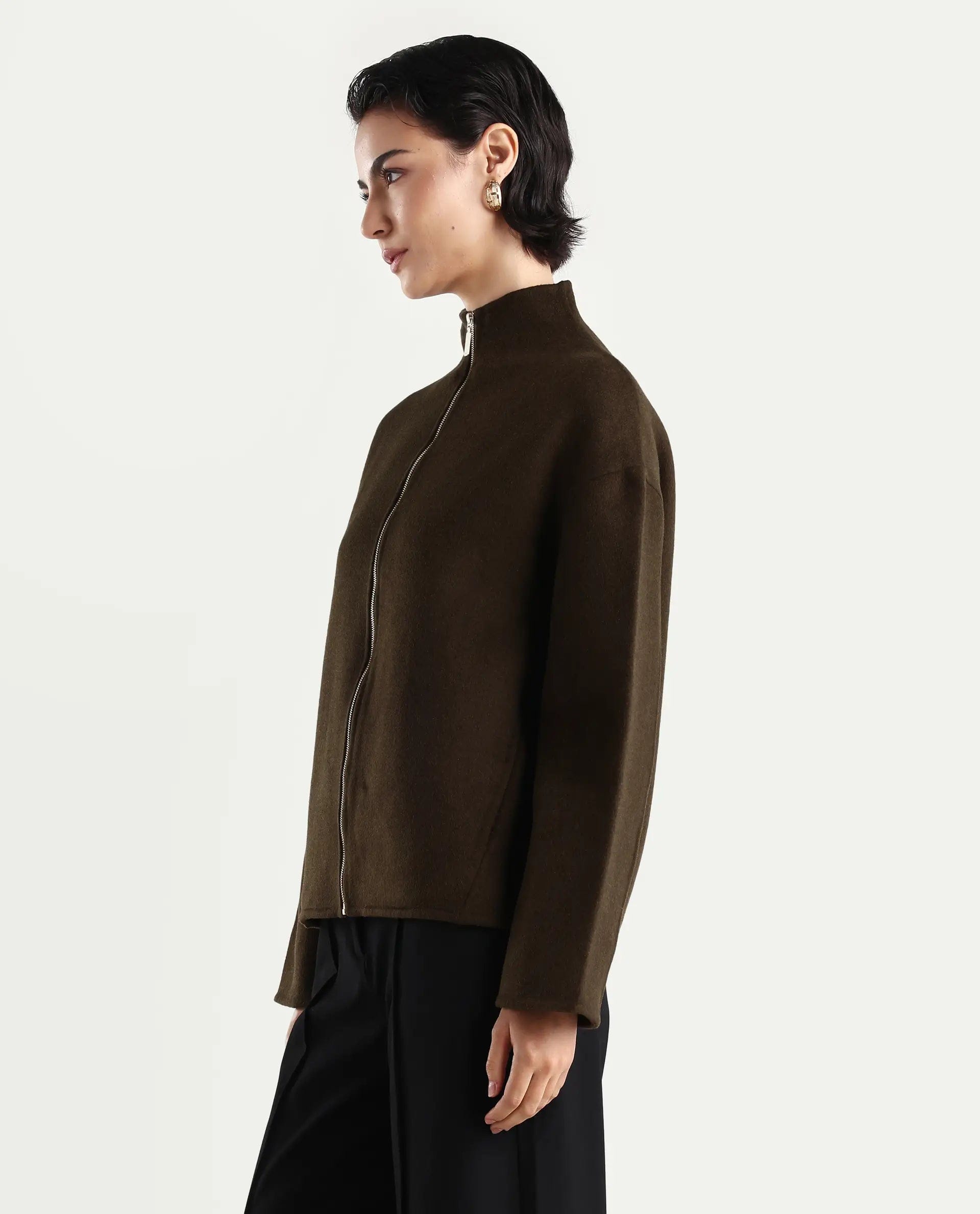 Rareism Women's Newool Olive Polyester Blend High Neck Regular Fit Jacket