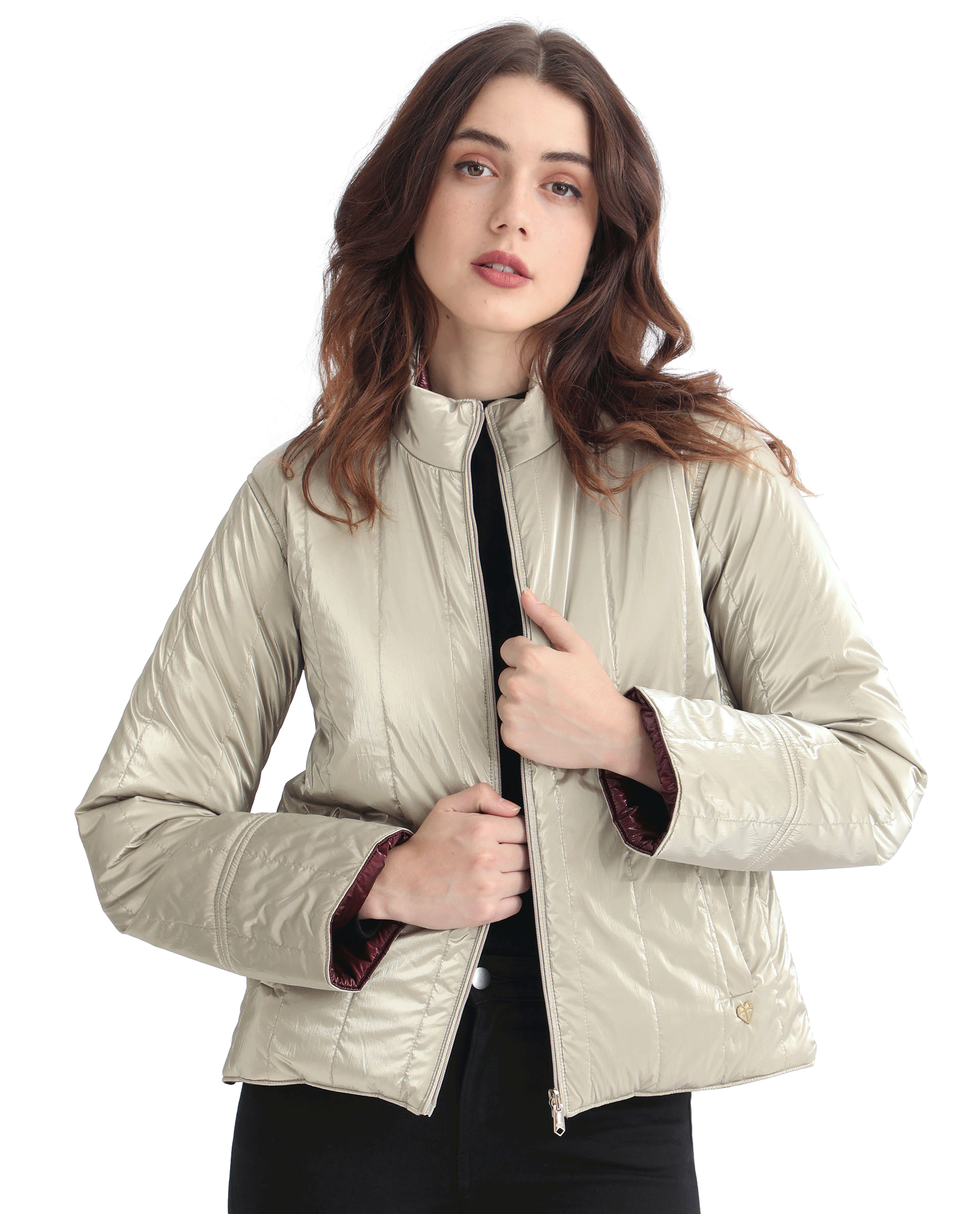 Rareism Women's Stein Gold Polyester Mandarin Collar Plain Regular Fit Jacket