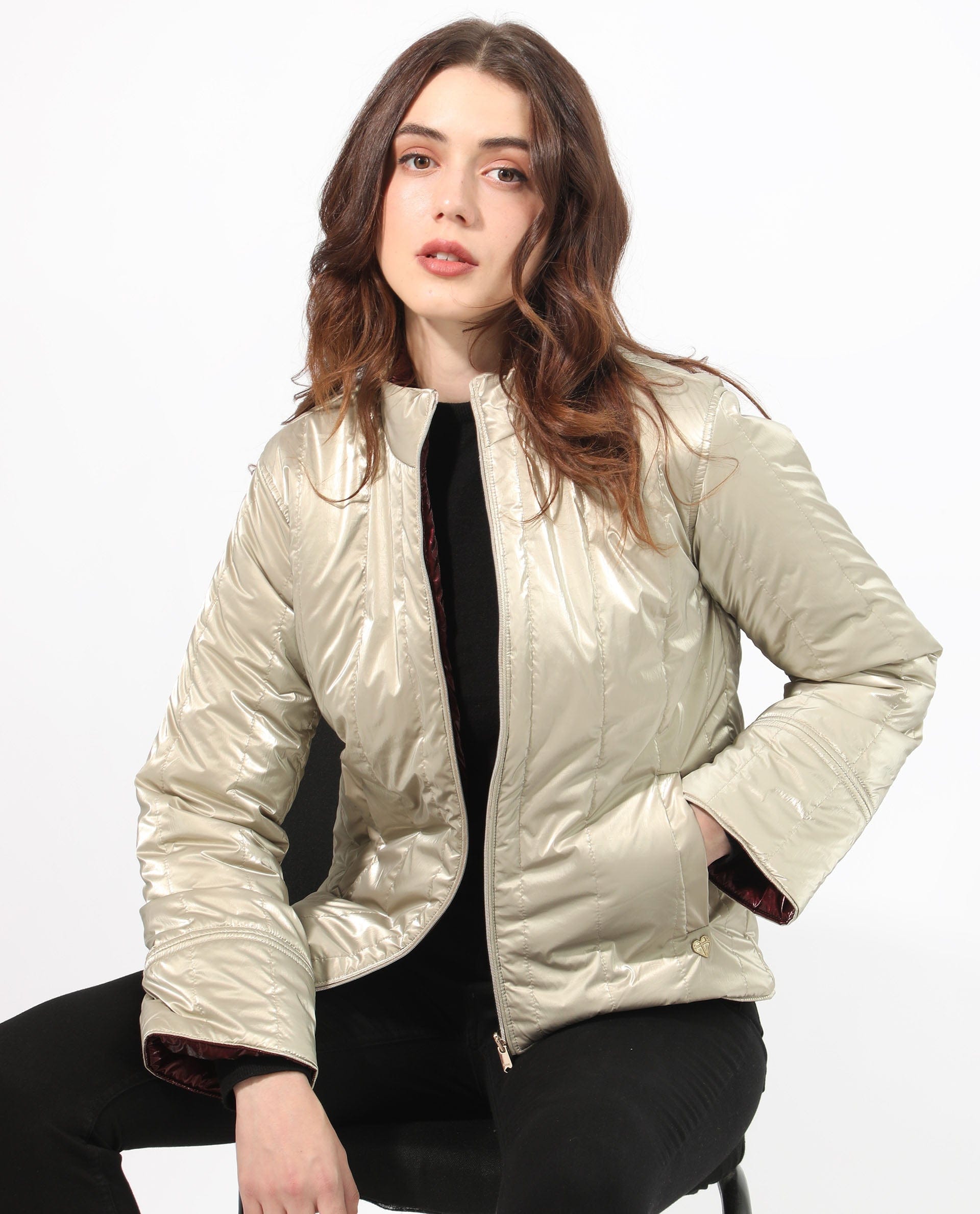 Rareism Women's Stein Gold Polyester Mandarin Collar Plain Regular Fit Jacket