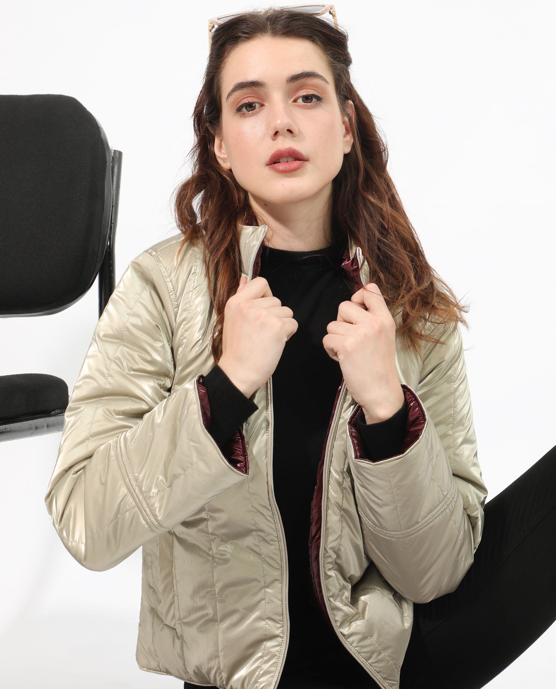Rareism Women's Stein Gold Polyester Mandarin Collar Plain Regular Fit Jacket