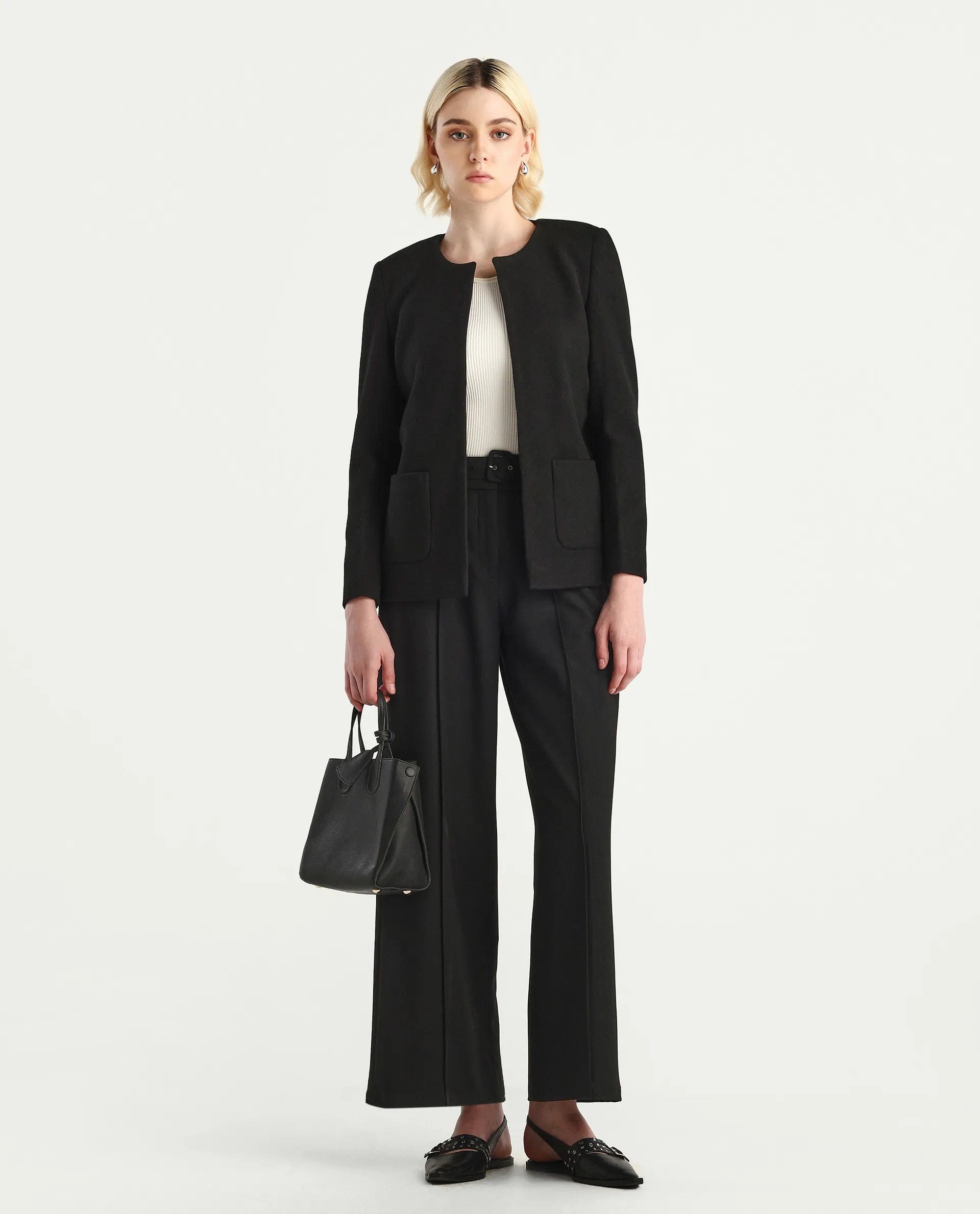 Rareism Women's Nexmar Black Polyester Blend Round Plain Jacket Fit Plain Jacket