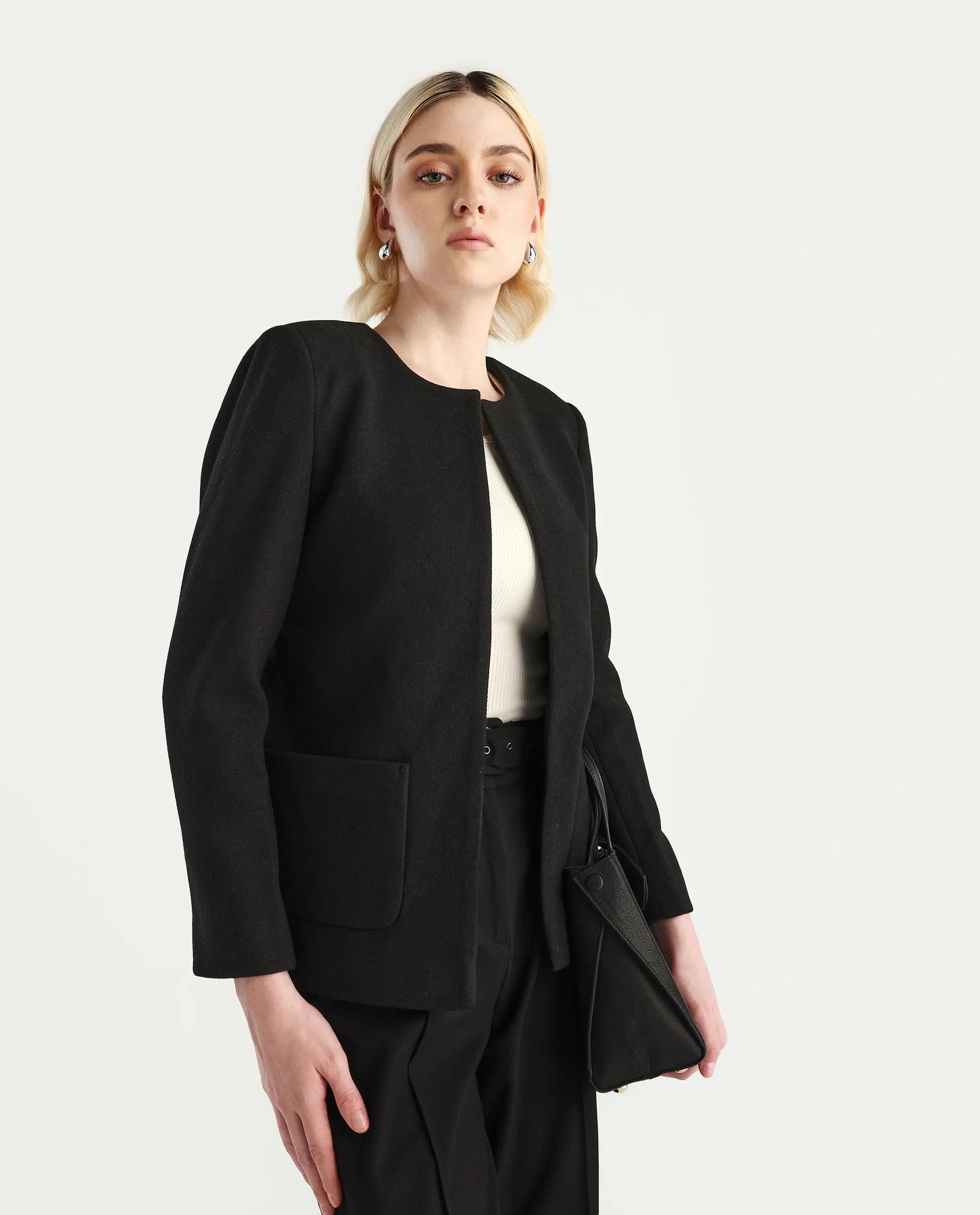 Rareism Women's Nexmar Black Polyester Blend Round Plain Jacket Fit Plain Jacket