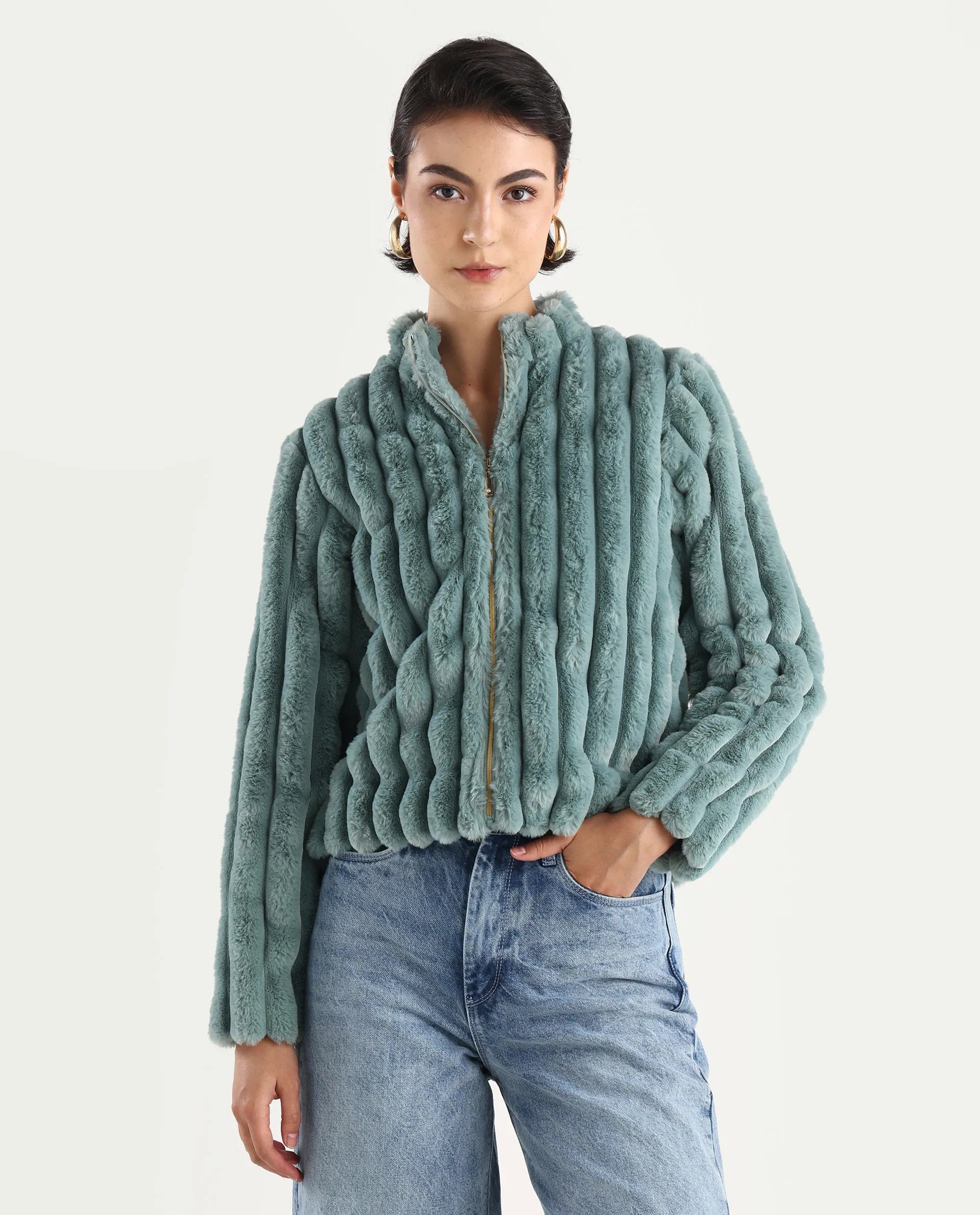 Rareism Women's Armidale Turq Polyester Blend Blend Mandarin Collar Plain Regular Fit Jacket