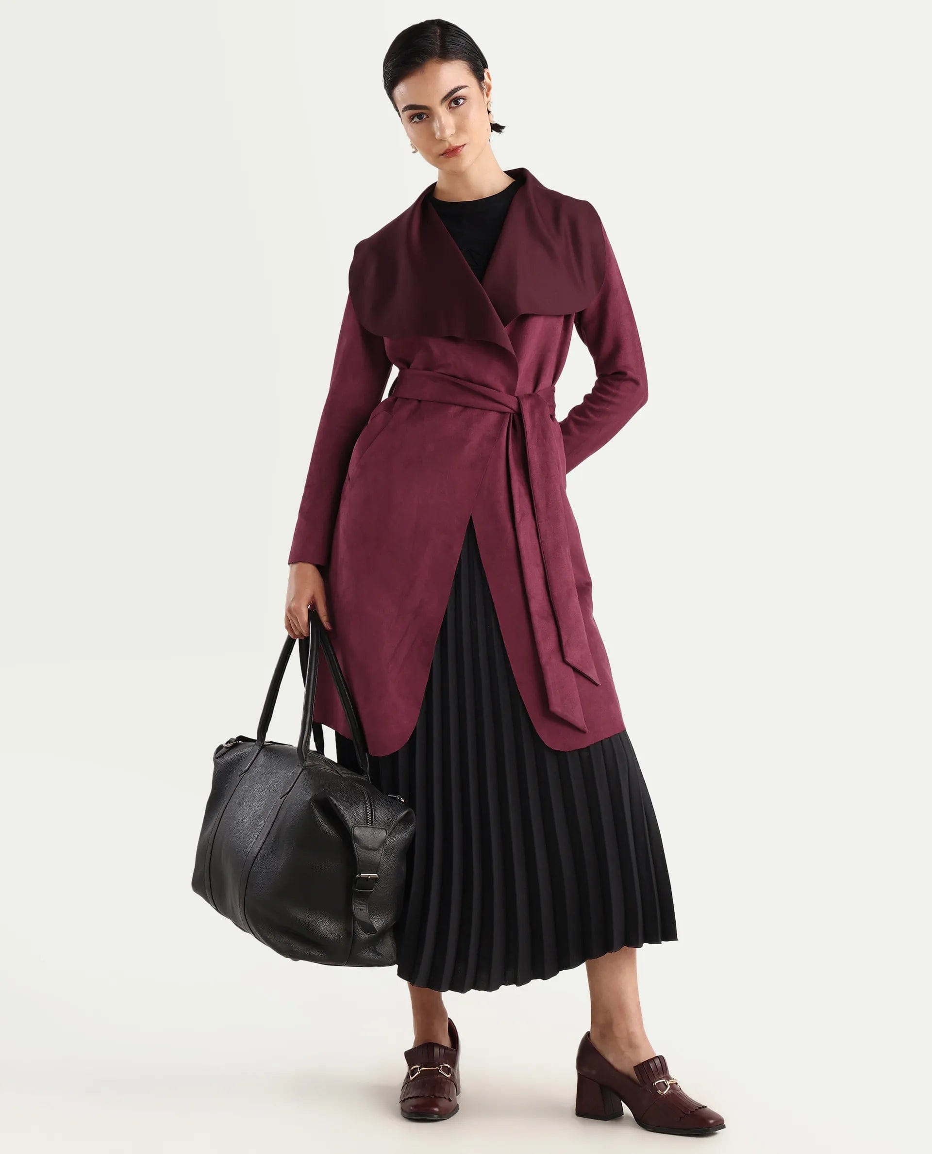 Rareism Women's Palmer 2 Maroon Polyester Blend Waterfall Neck Plain Midi Boxy Fit Jacket