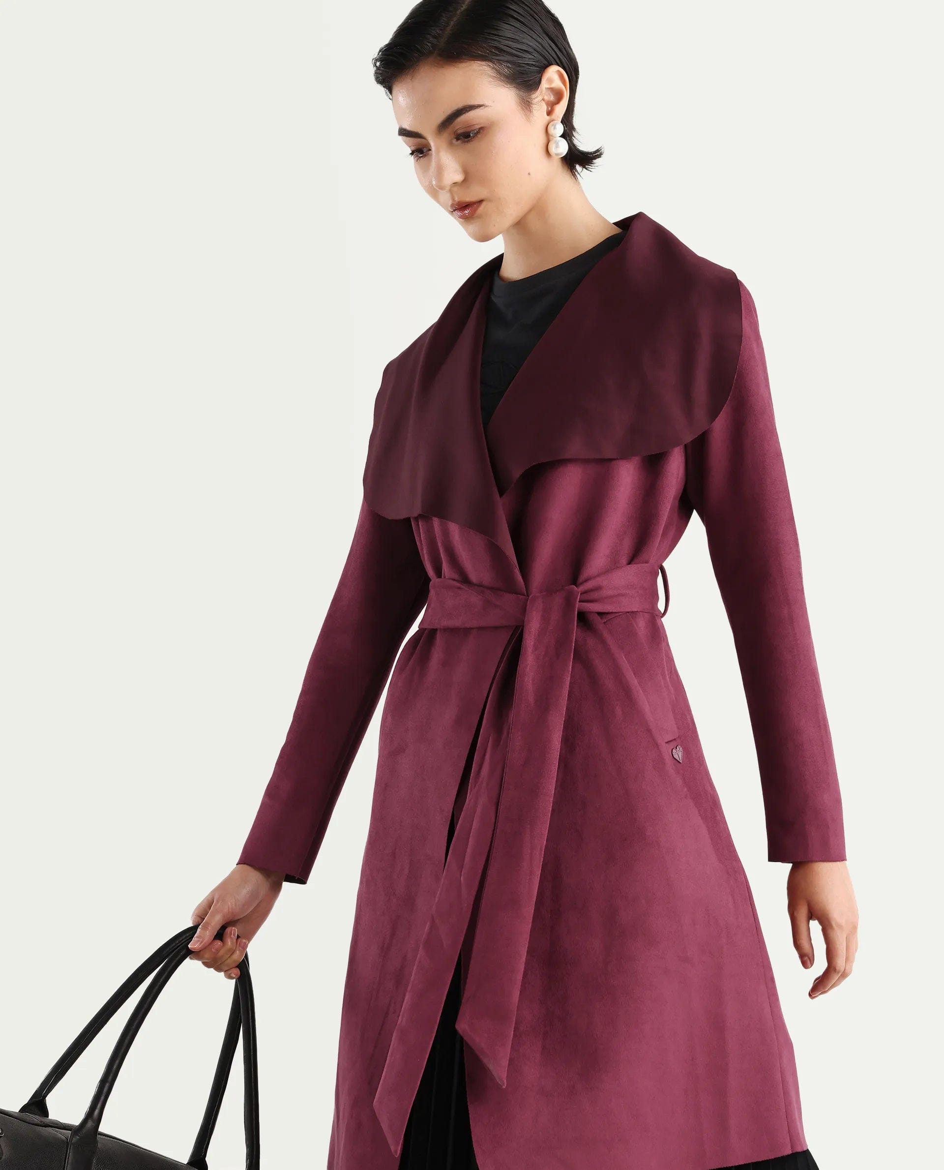 Rareism Women's Palmer 2 Maroon Polyester Blend Waterfall Neck Plain Midi Boxy Fit Jacket