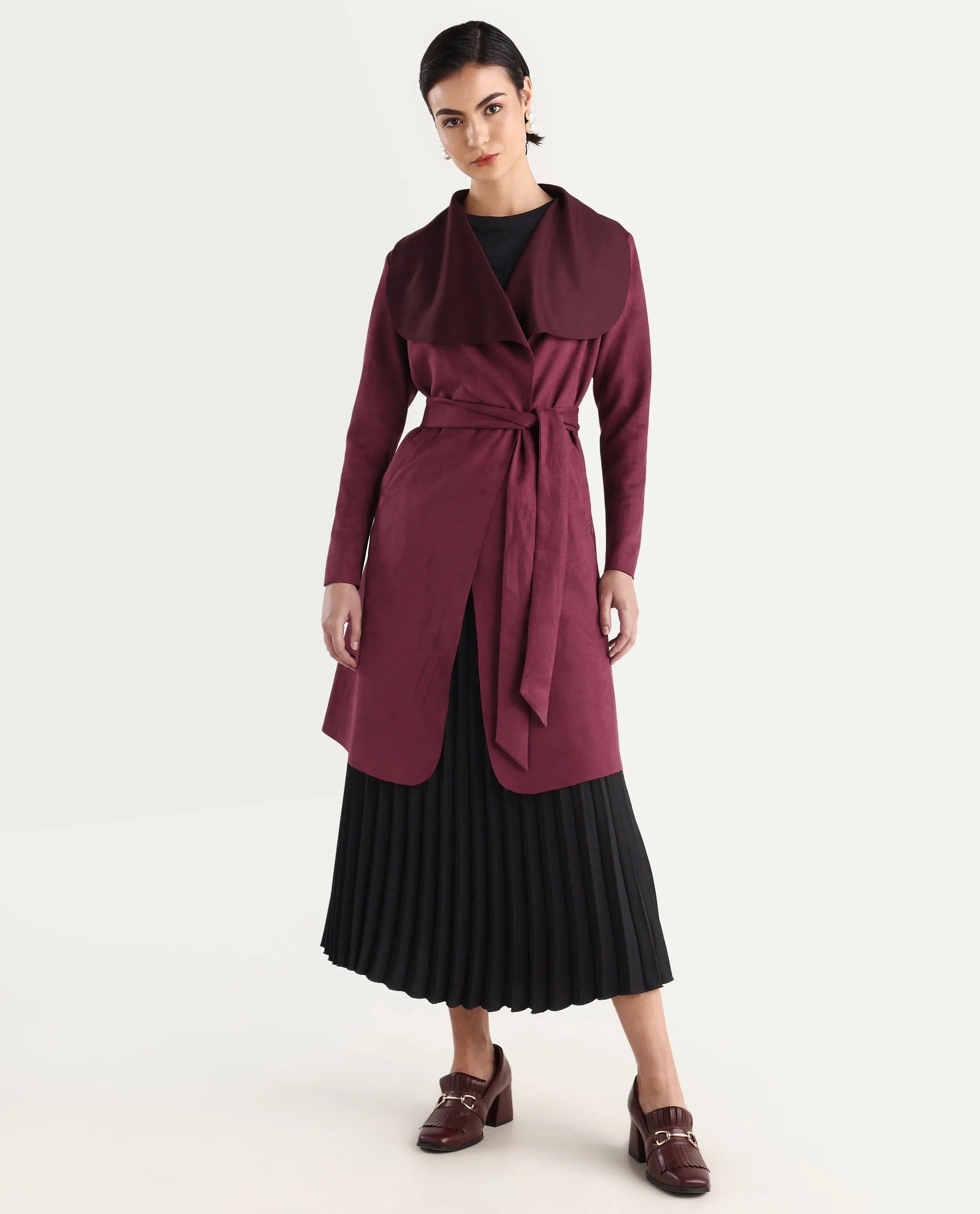Rareism Women's Palmer 2 Maroon Polyester Blend Waterfall Neck Plain Midi Boxy Fit Jacket