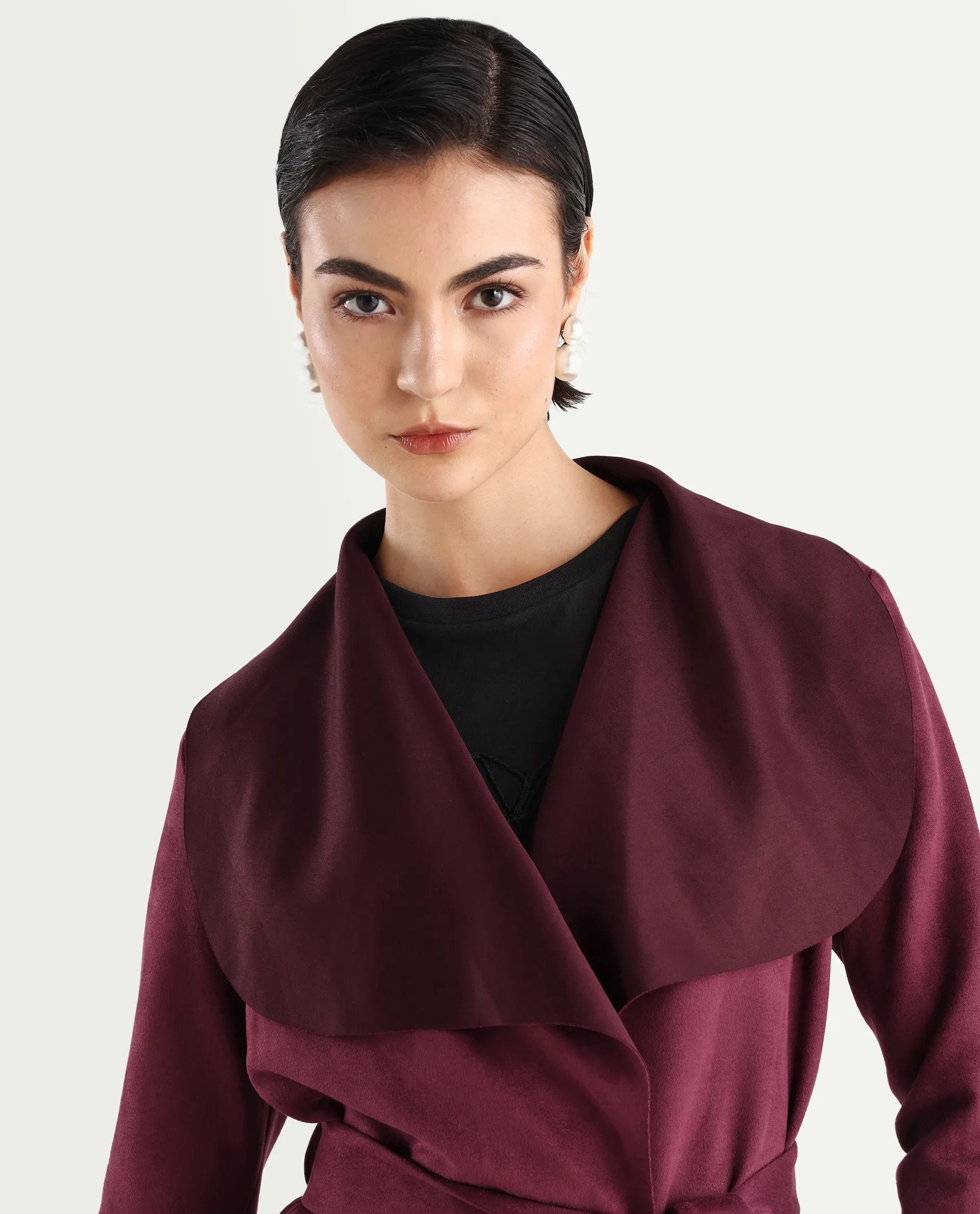 Rareism Women's Palmer 2 Maroon Polyester Blend Waterfall Neck Plain Midi Boxy Fit Jacket