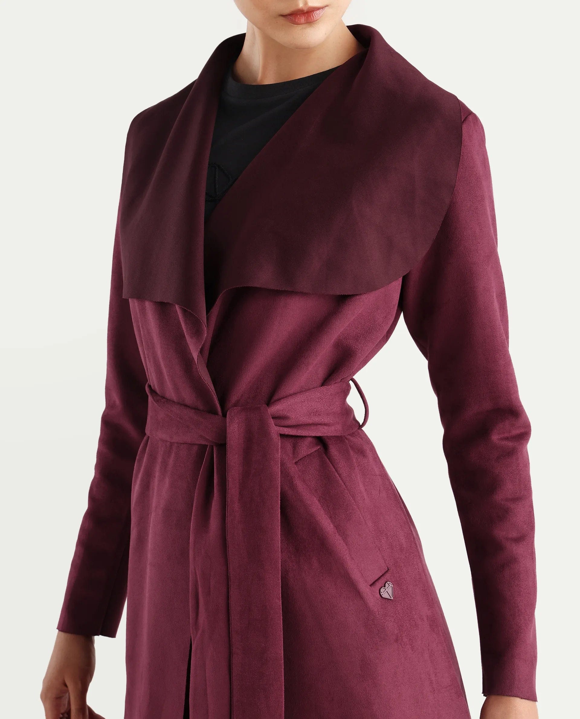 Rareism Women's Palmer 2 Maroon Polyester Blend Waterfall Neck Plain Midi Boxy Fit Jacket