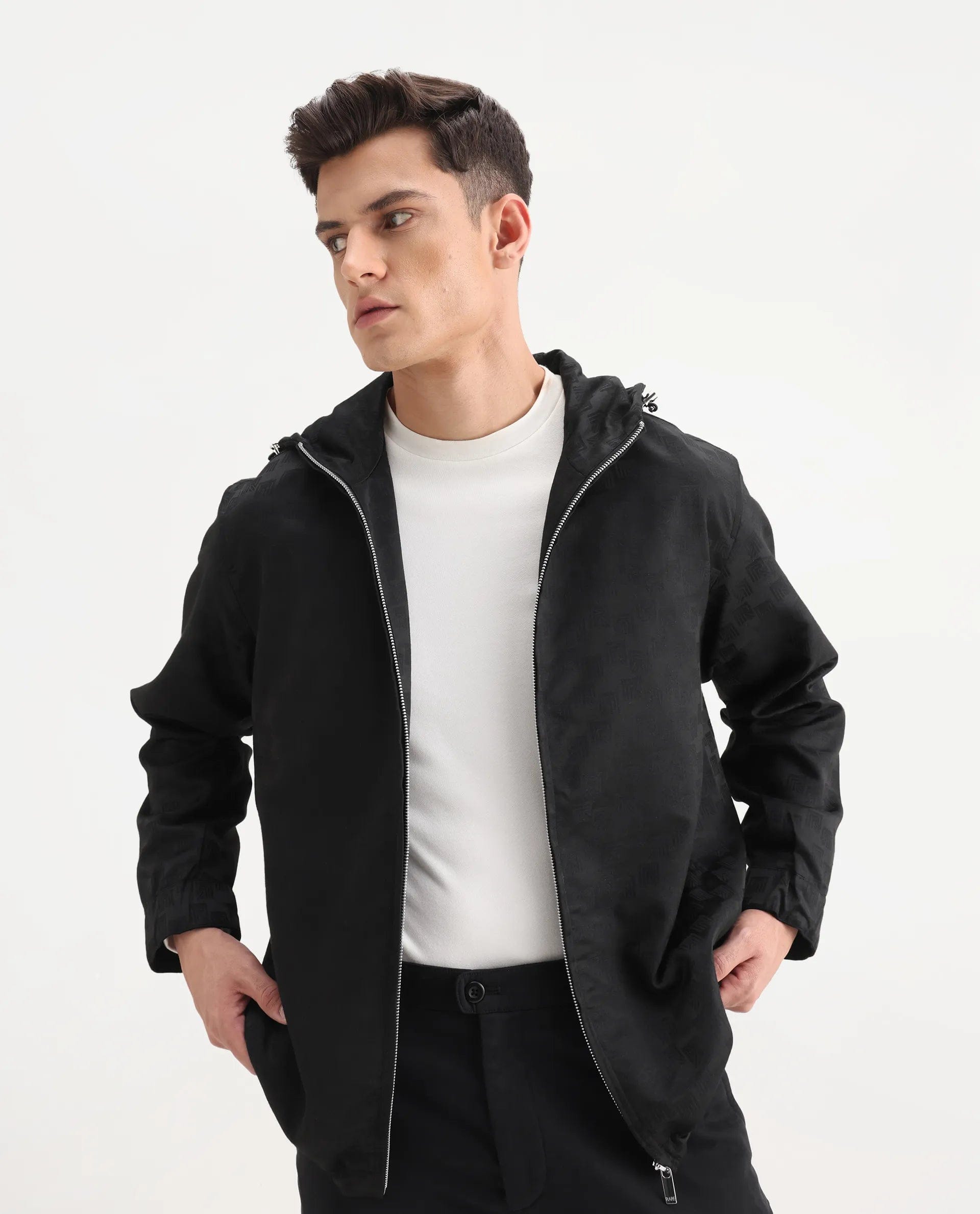RARE Rabbit Men's Sappon - 25 Black Polyester Monogram Print Boxy Fit Full Sleeve Hooded Jacket