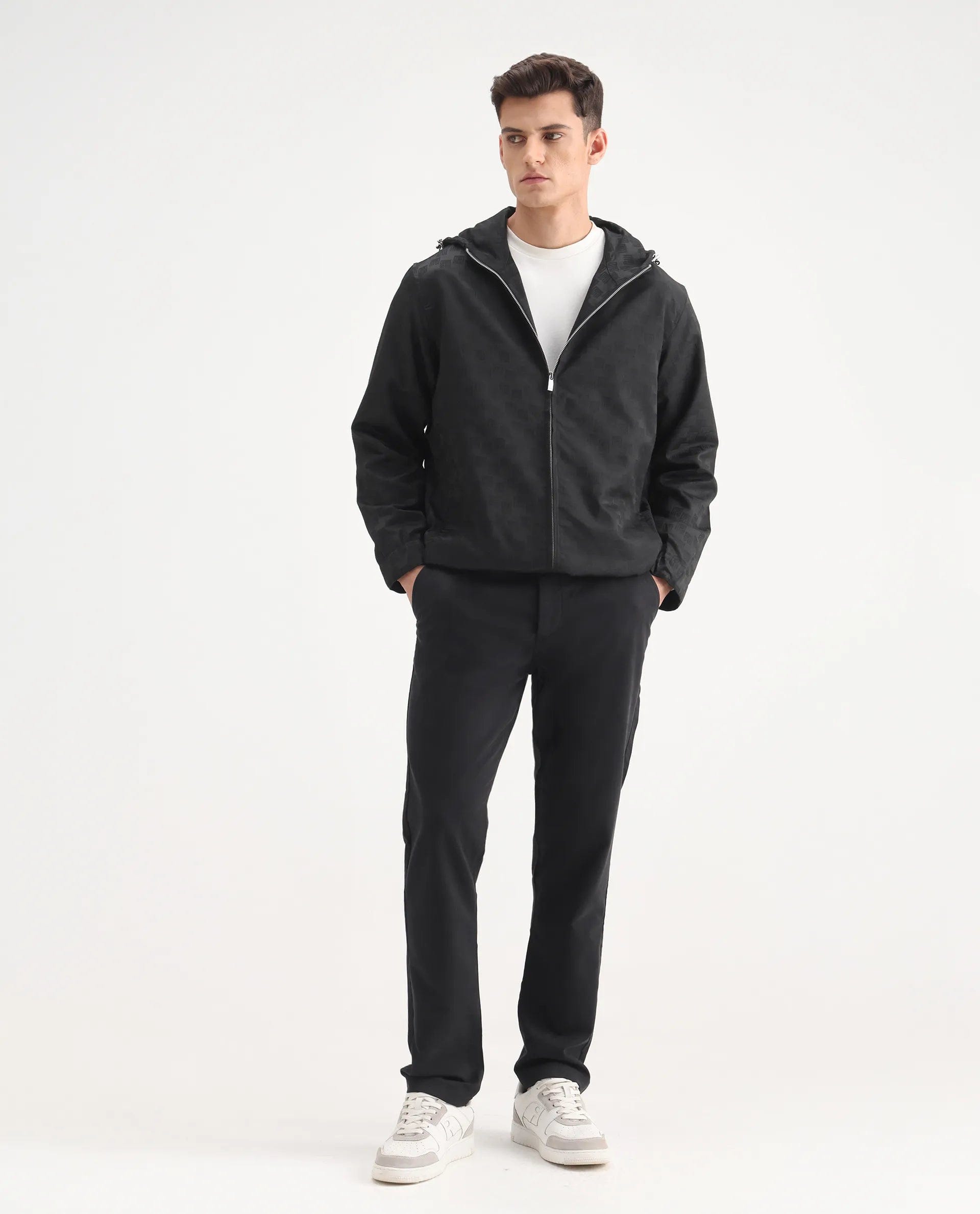 RARE Rabbit Men's Sappon - 25 Black Polyester Monogram Print Boxy Fit Full Sleeve Hooded Jacket