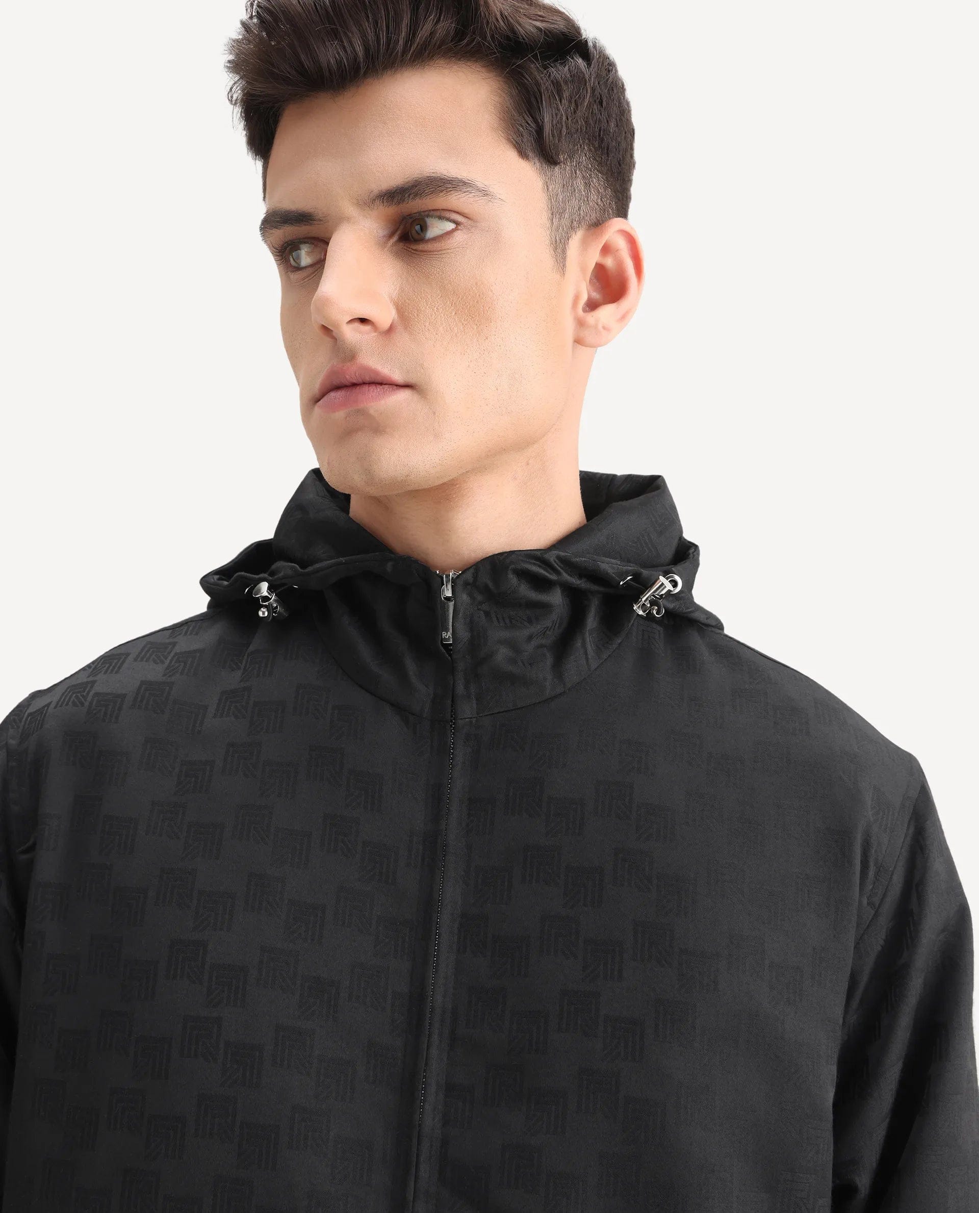 RARE Rabbit Men's Sappon - 25 Black Polyester Monogram Print Boxy Fit Full Sleeve Hooded Jacket
