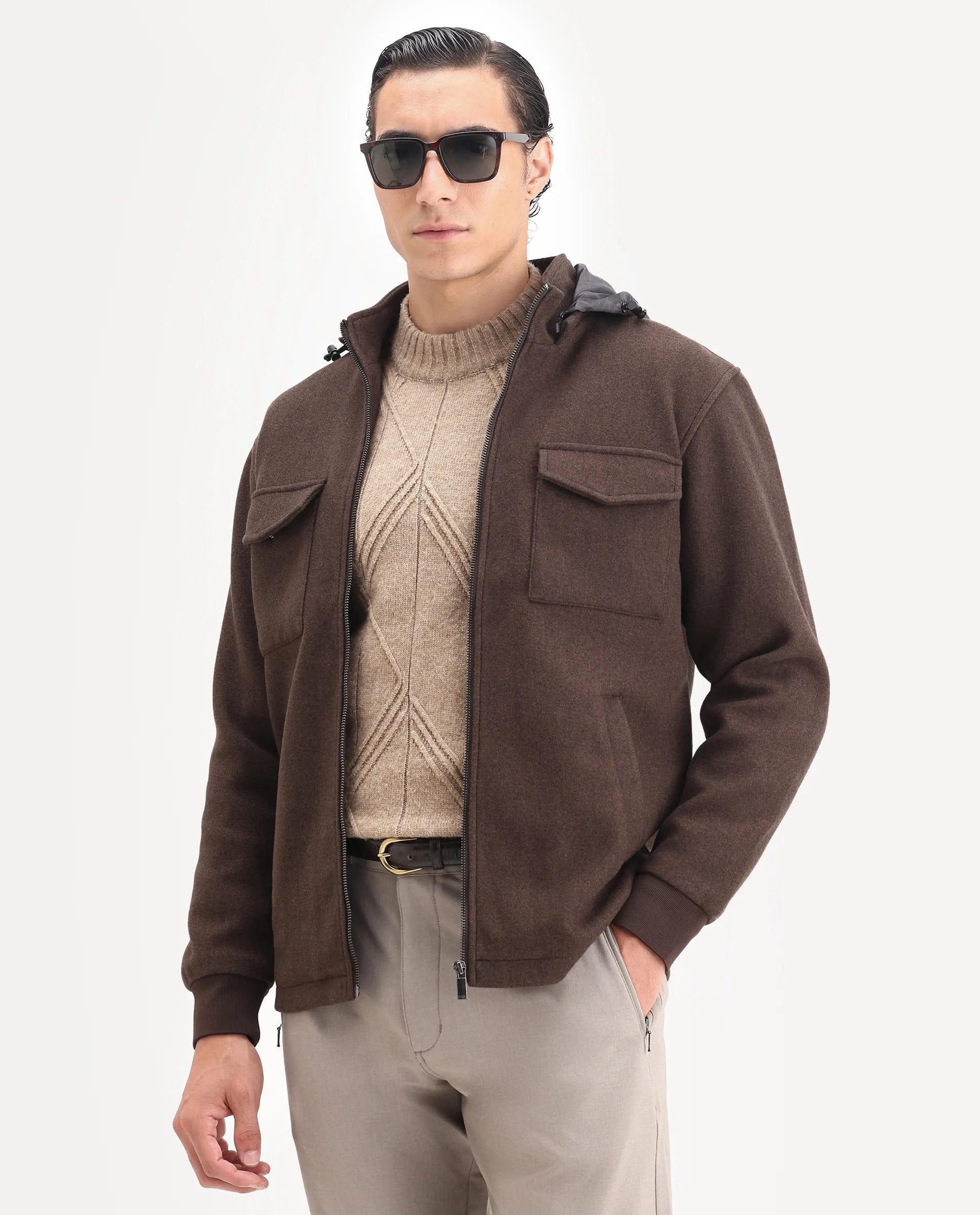 RARE Rabbit Men's Meron - 25 Dark Brown Polyester Textured Relaxed Fit Full Sleeve Hooded Jacket