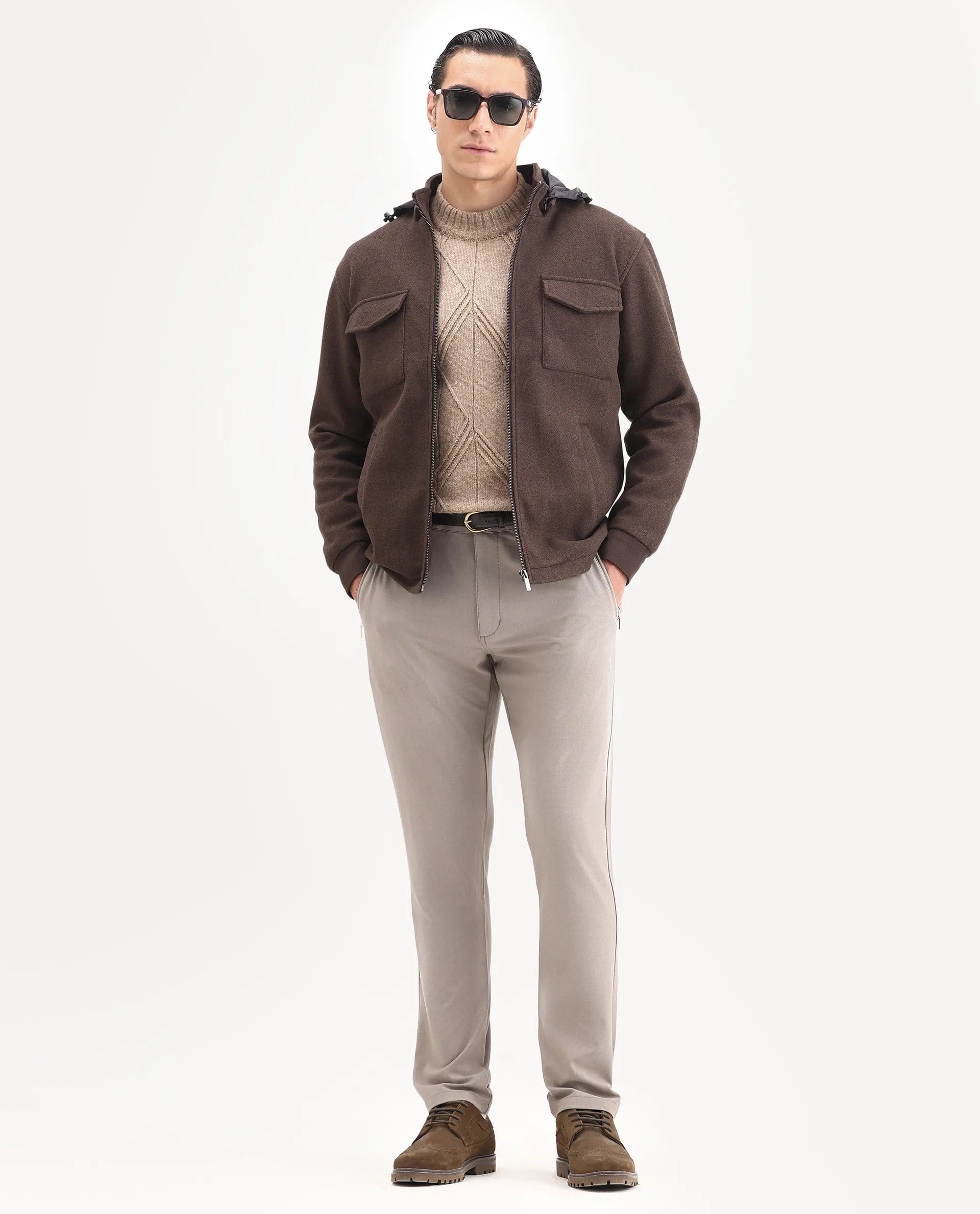 RARE Rabbit Men's Meron - 25 Dark Brown Polyester Textured Relaxed Fit Full Sleeve Hooded Jacket