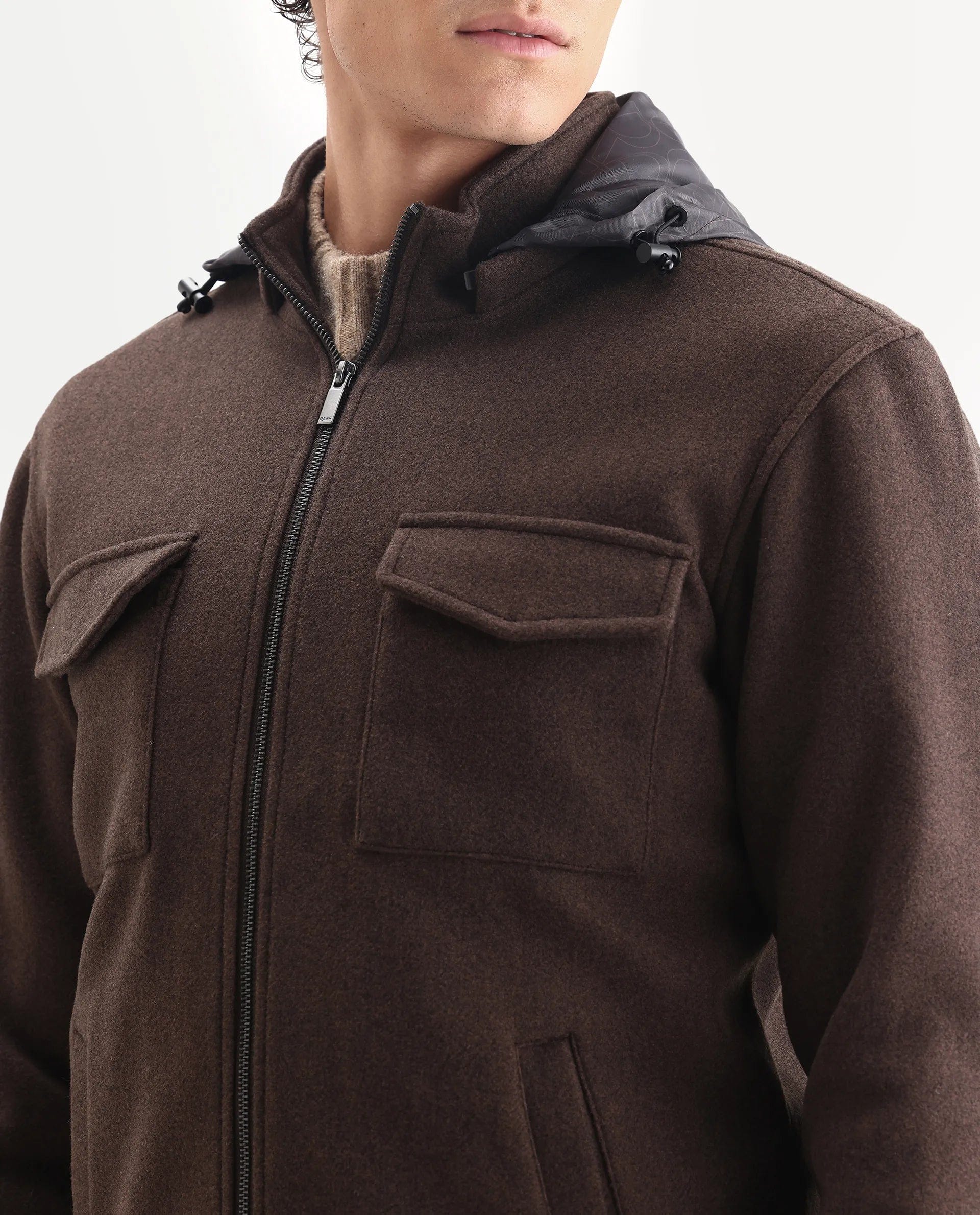 RARE Rabbit Men's Meron - 25 Dark Brown Polyester Textured Relaxed Fit Full Sleeve Hooded Jacket