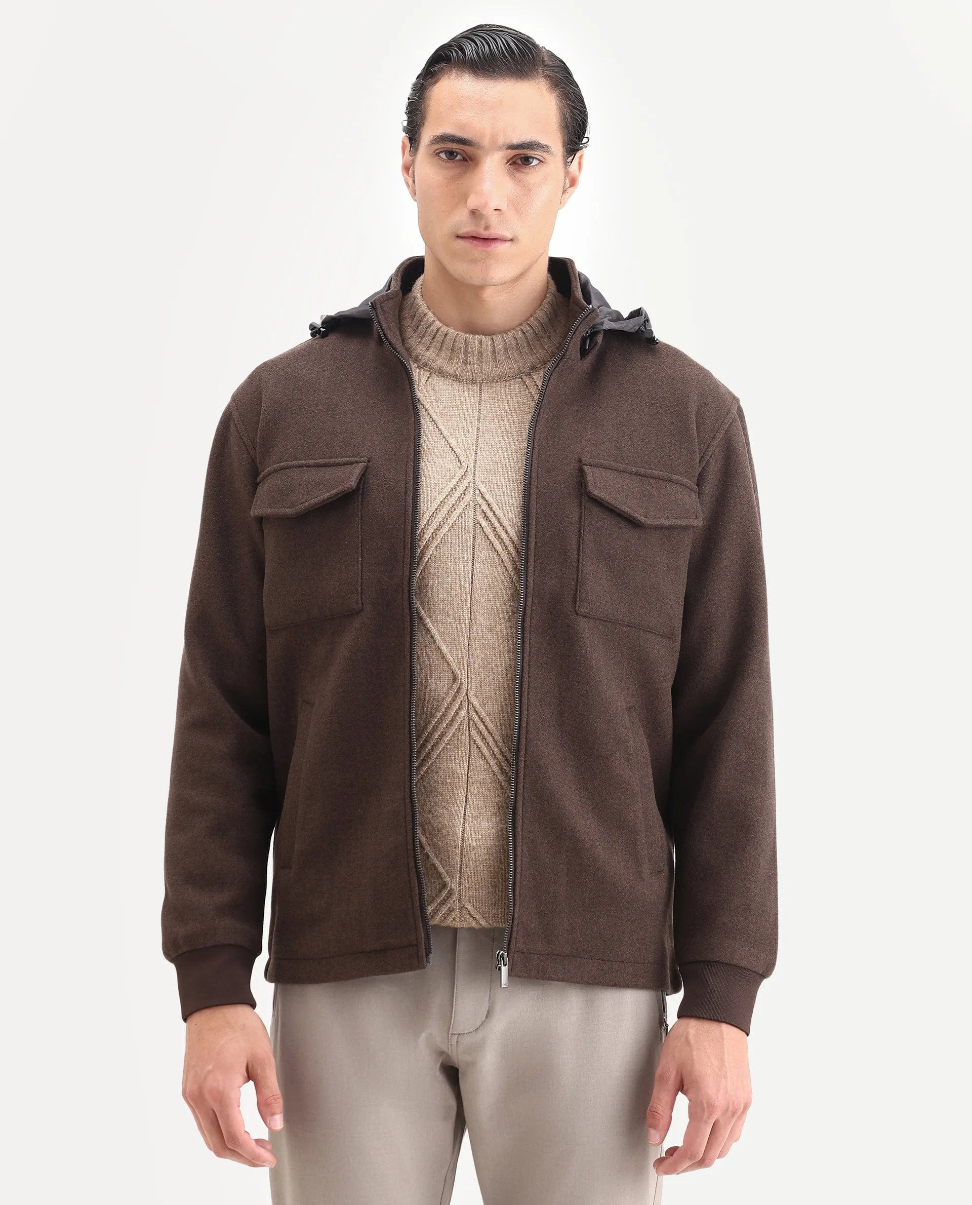 RARE Rabbit Men's Meron - 25 Dark Brown Polyester Textured Relaxed Fit Full Sleeve Hooded Jacket