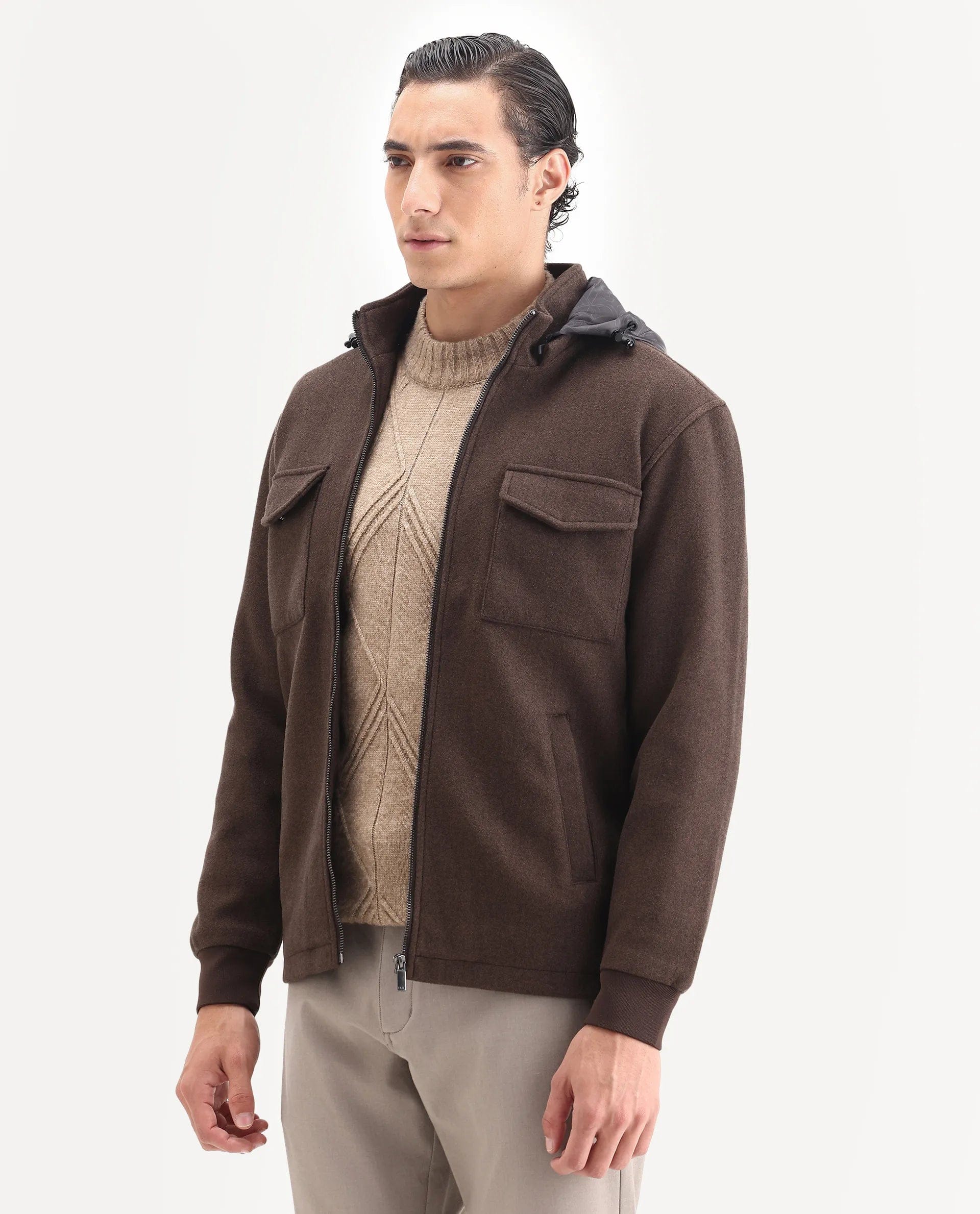 RARE Rabbit Men's Meron - 25 Dark Brown Polyester Textured Relaxed Fit Full Sleeve Hooded Jacket