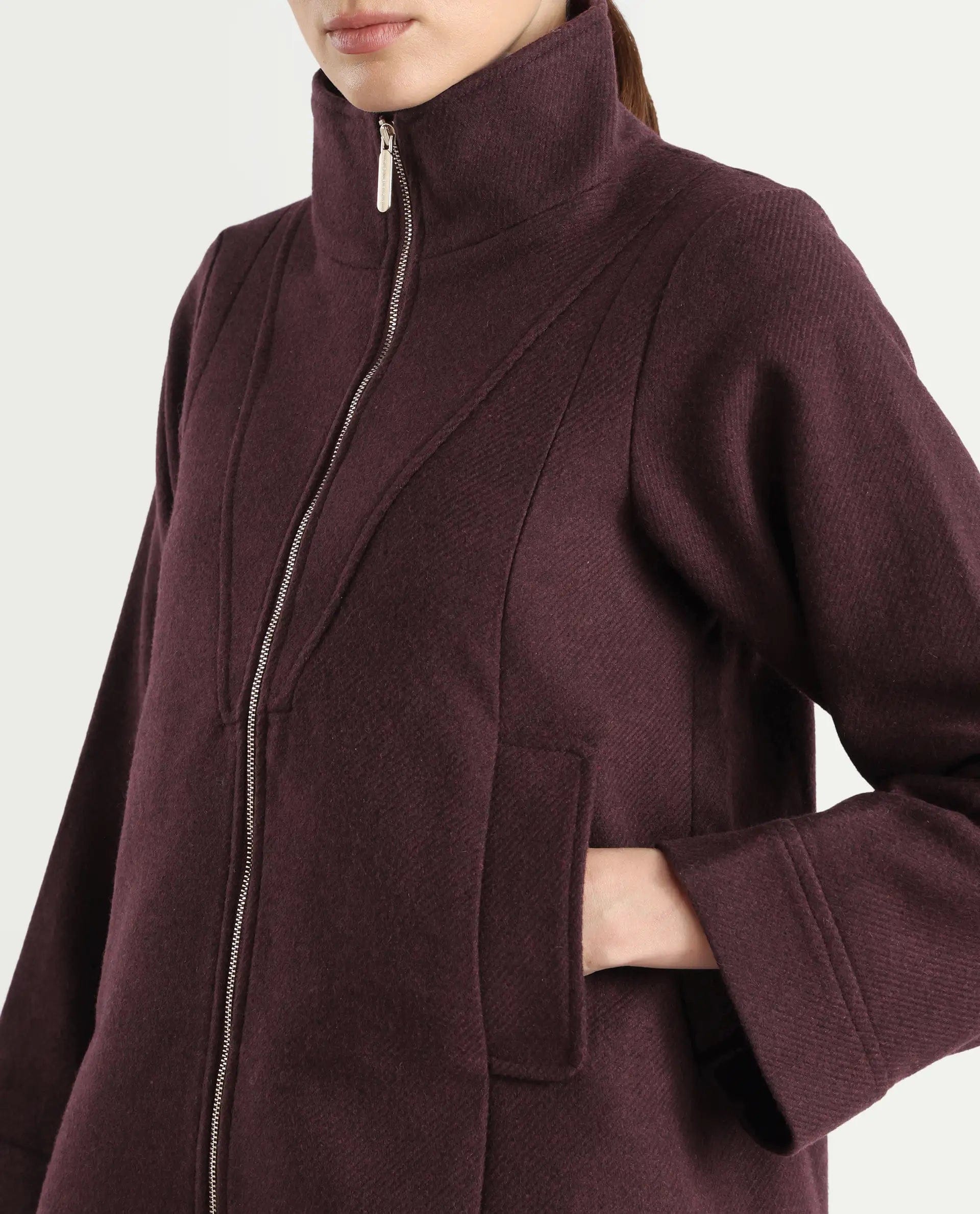Rareism Women's Whyla Dark Maroon Stand Collar Plain Raglan Sleeve Boxy Fit Jacket