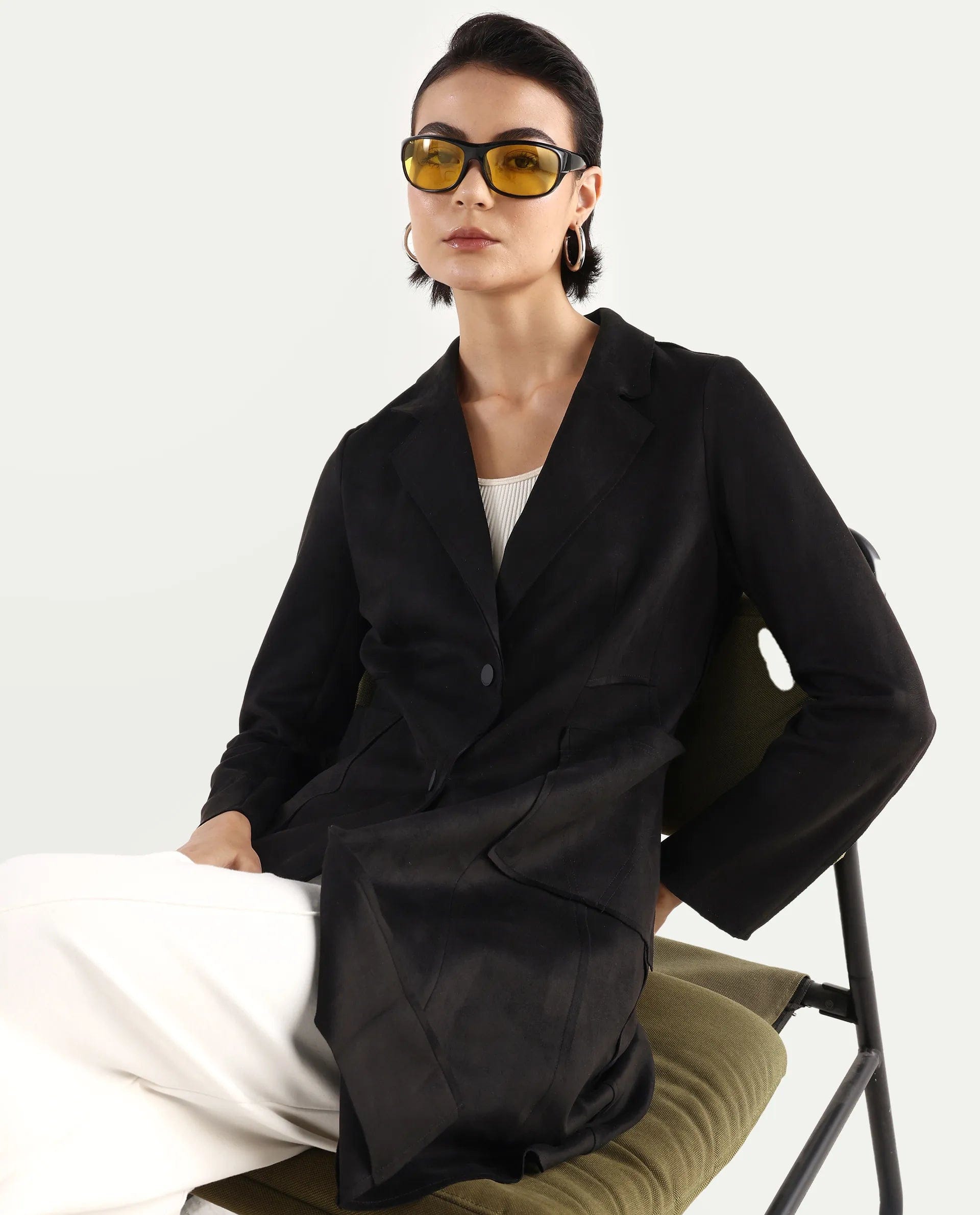 Rareism Women's Gawler Black Polyester Blend Lapel Neck Plain Midi Regular Fit Jacket