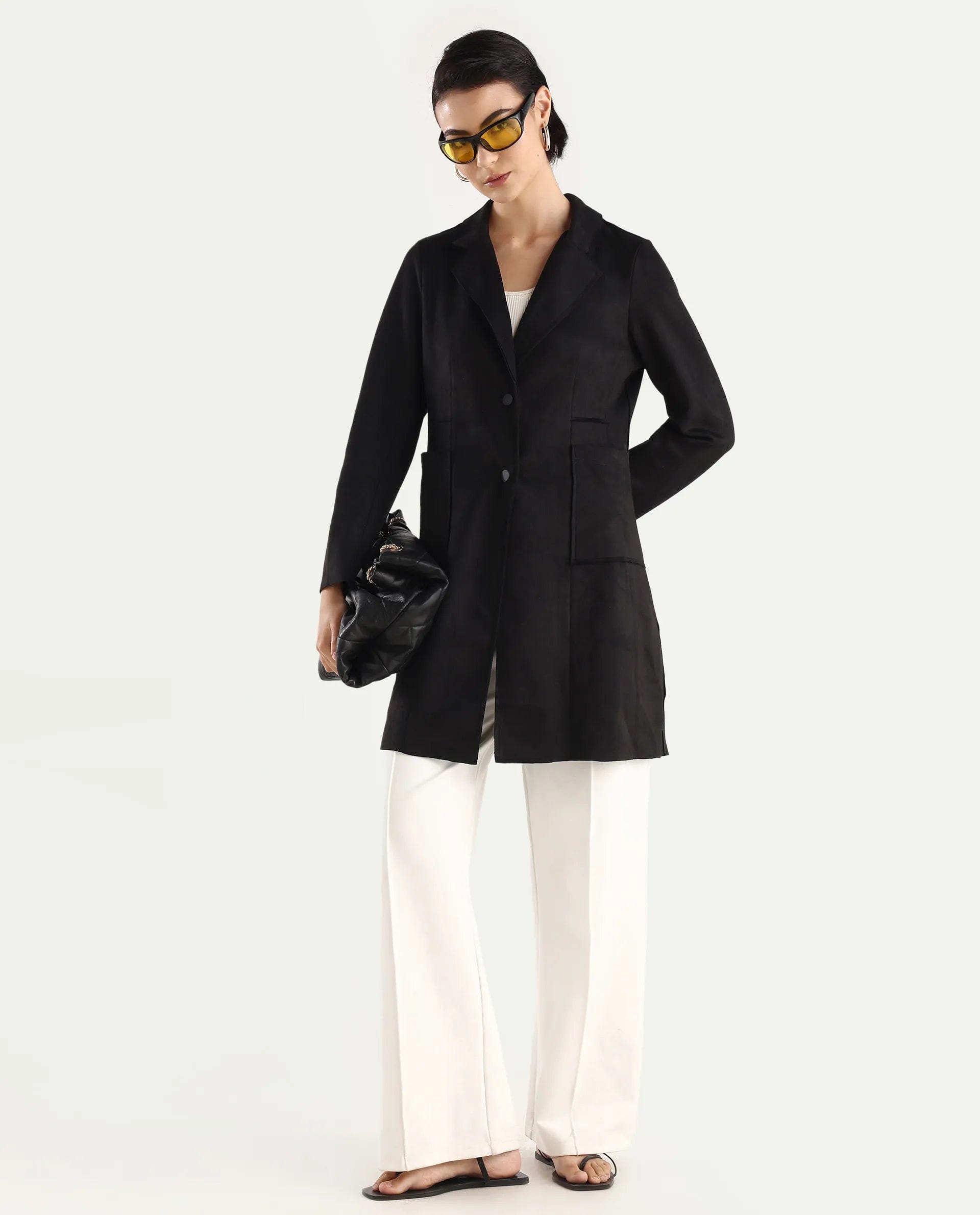 Rareism Women's Gawler Black Polyester Blend Lapel Neck Plain Midi Regular Fit Jacket