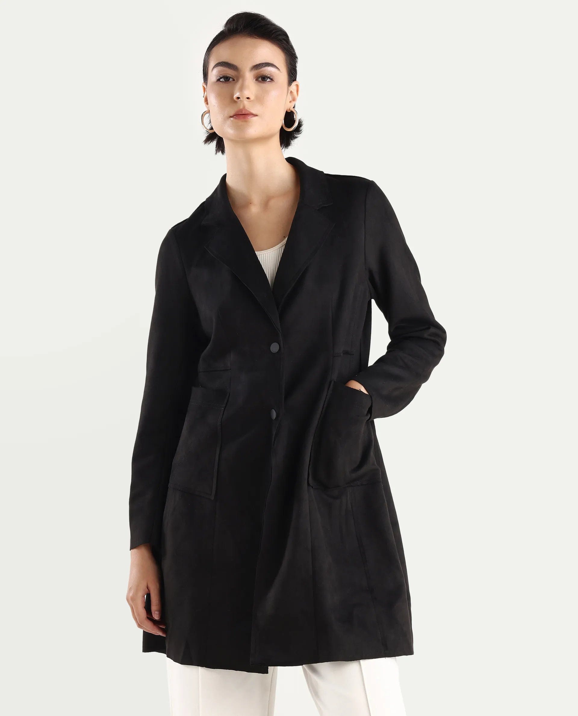 Rareism Women's Gawler Black Polyester Blend Lapel Neck Plain Midi Regular Fit Jacket