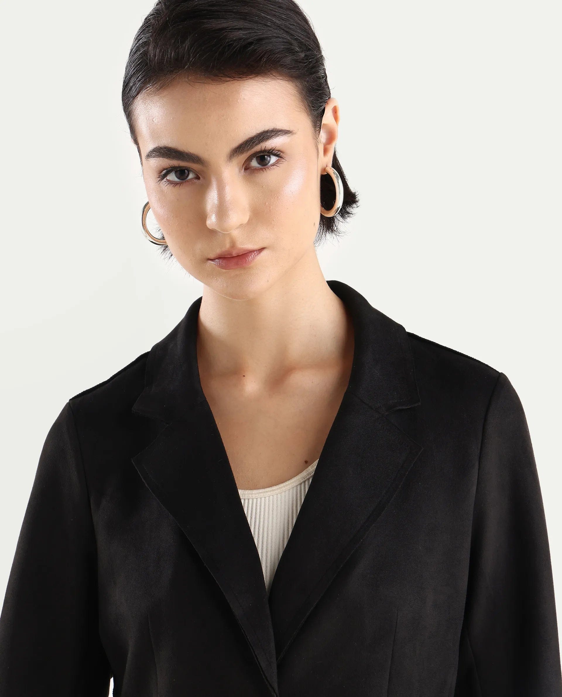 Rareism Women's Gawler Black Polyester Blend Lapel Neck Plain Midi Regular Fit Jacket
