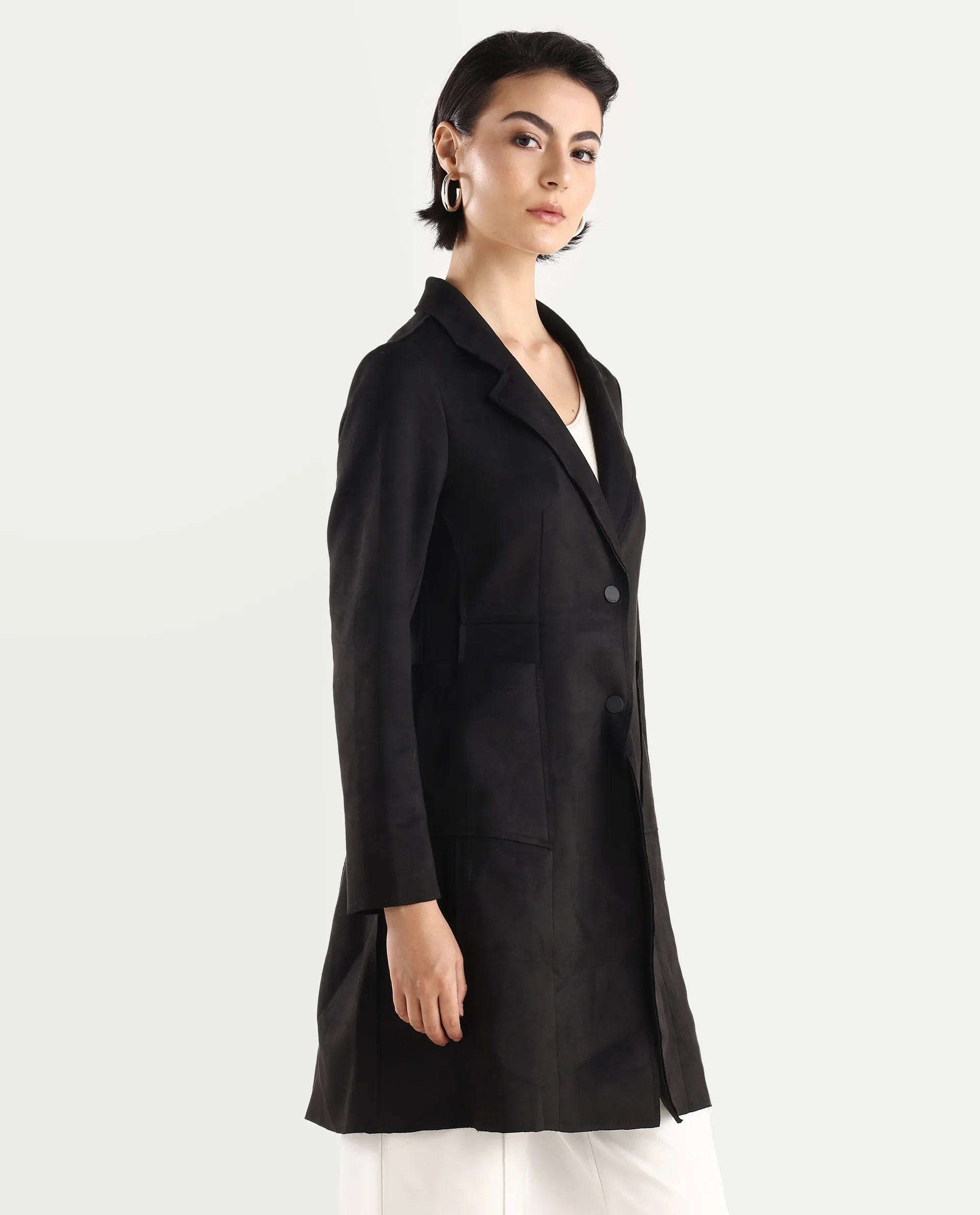 Rareism Women's Gawler Black Polyester Blend Lapel Neck Plain Midi Regular Fit Jacket