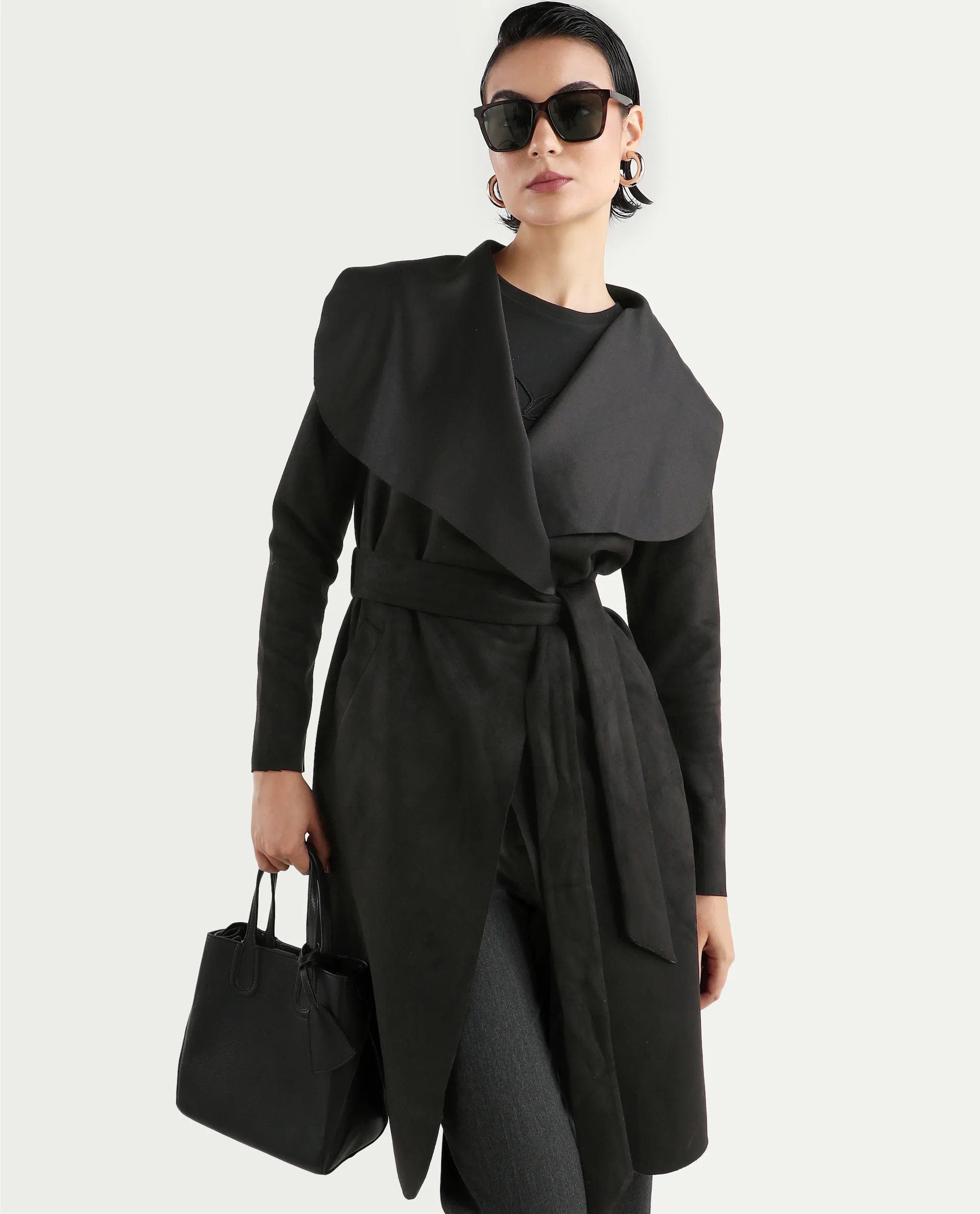 Rareism Women's Palmer 2 Black Polyester Blend Waterfall Neck Plain Midi Boxy Fit Jacket