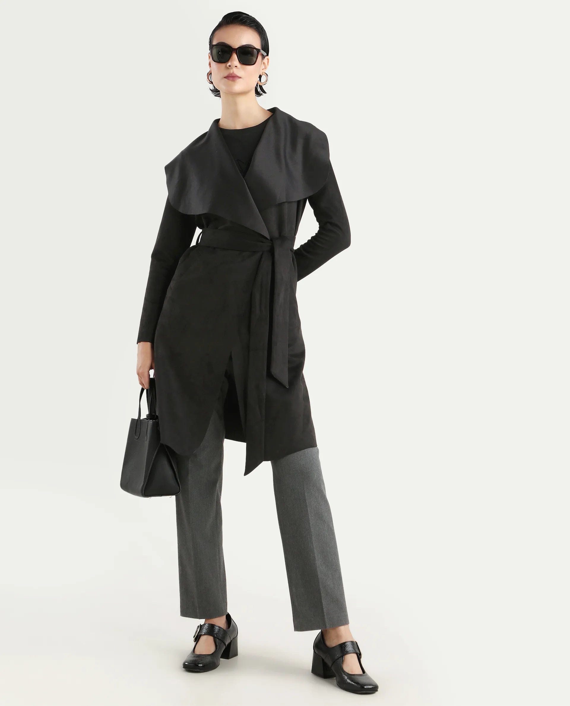 Rareism Women's Palmer 2 Black Polyester Blend Waterfall Neck Plain Midi Boxy Fit Jacket